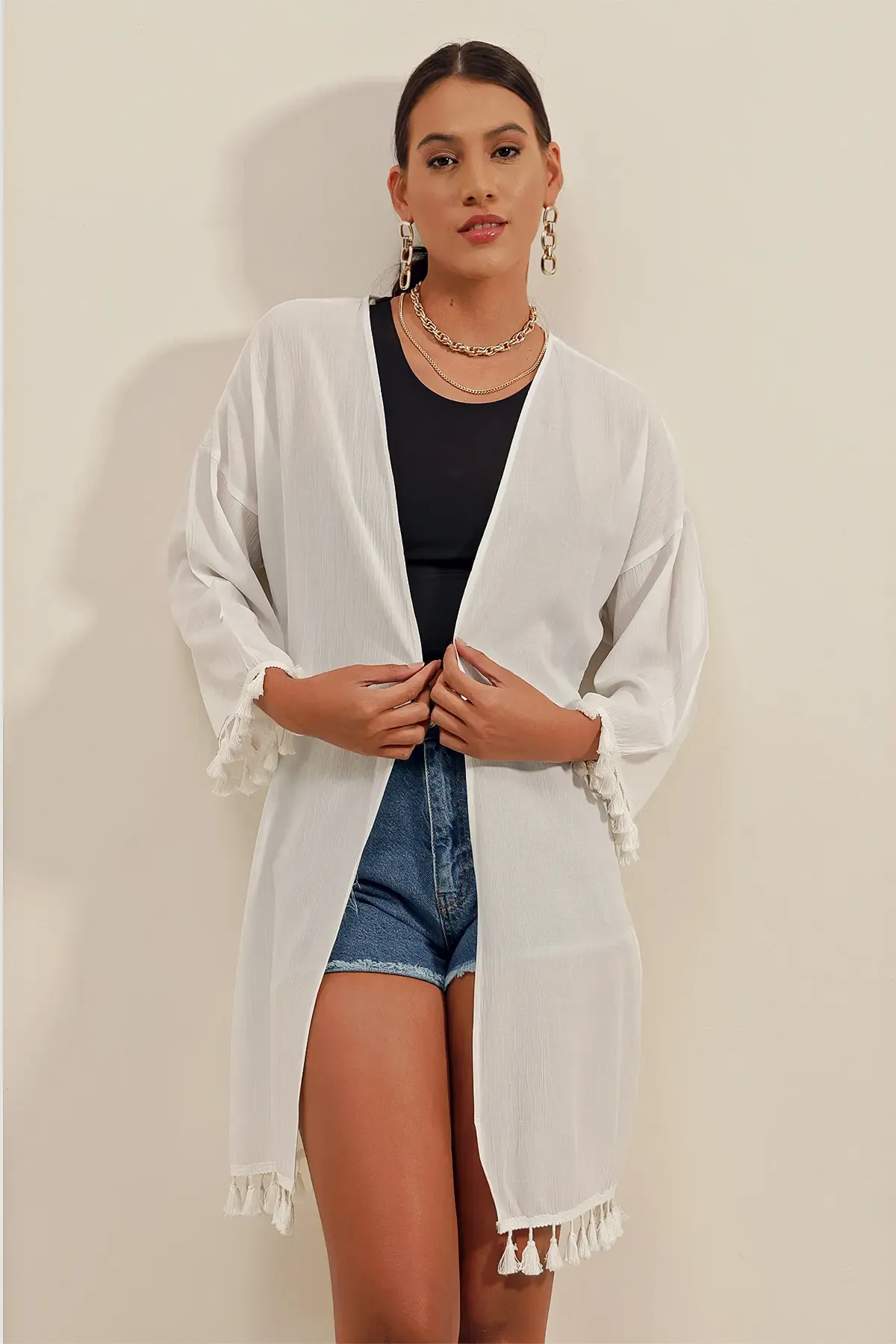 5833 Fırfırlı Kimono - Beyaz