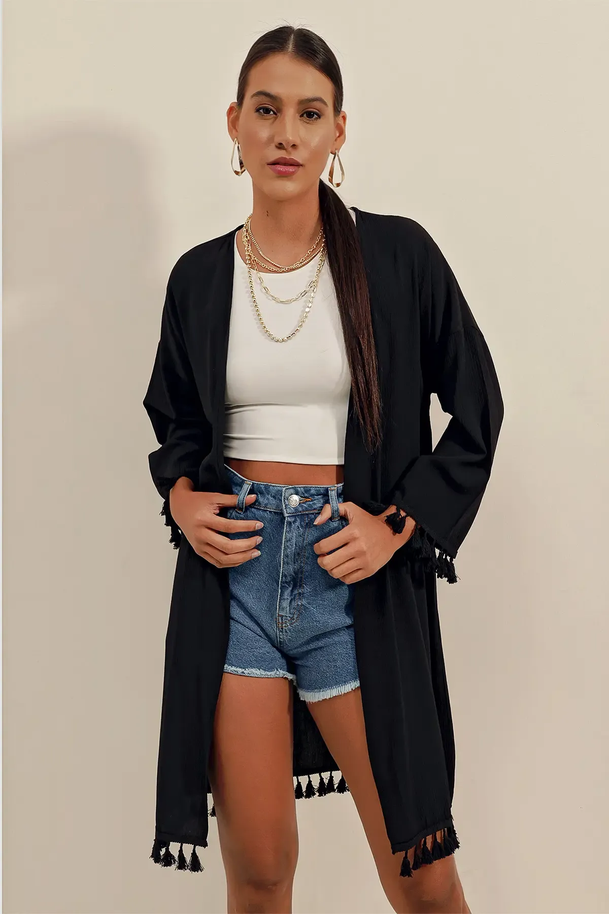 5833 Fırfırlı Kimono - Siyah