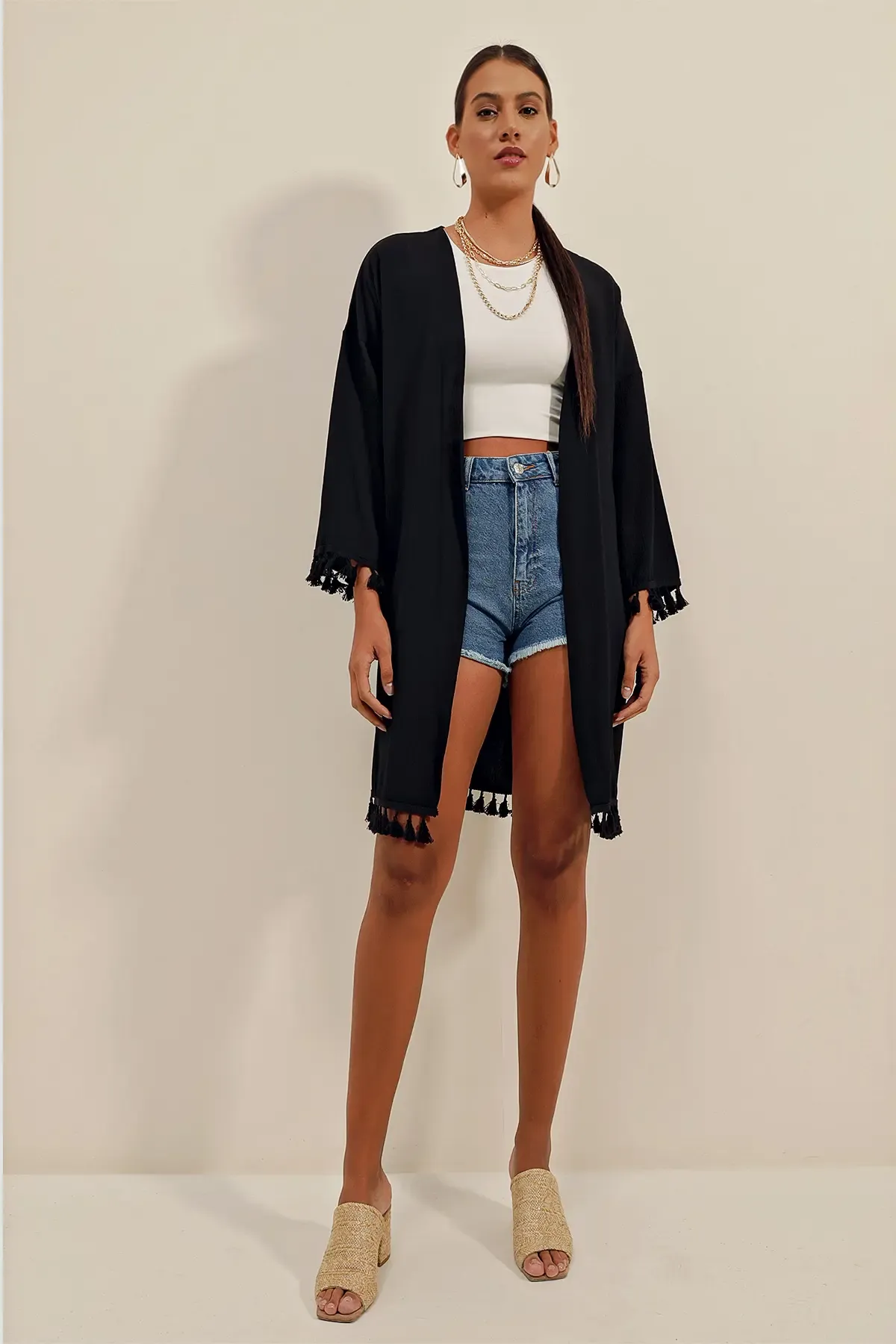 5833 Fırfırlı Kimono - Siyah