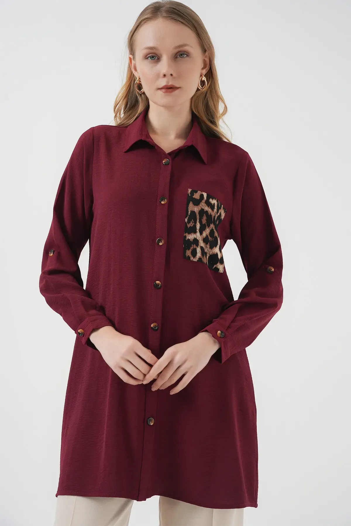 5851 Cep Detaylı Gömlek Tunik - Bordo