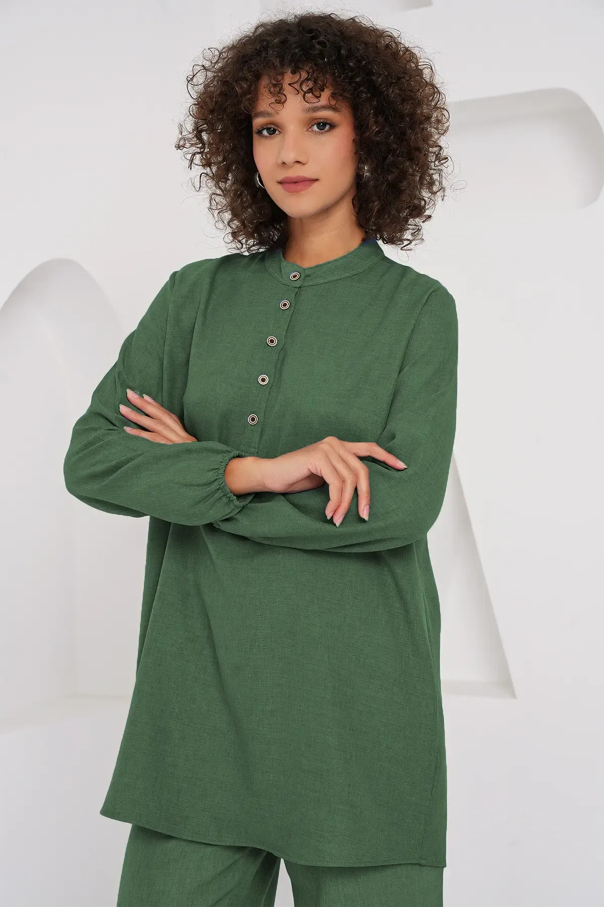 6678 Keten Tunik Pantolon İkili Takım - Zümrüt Yeşili