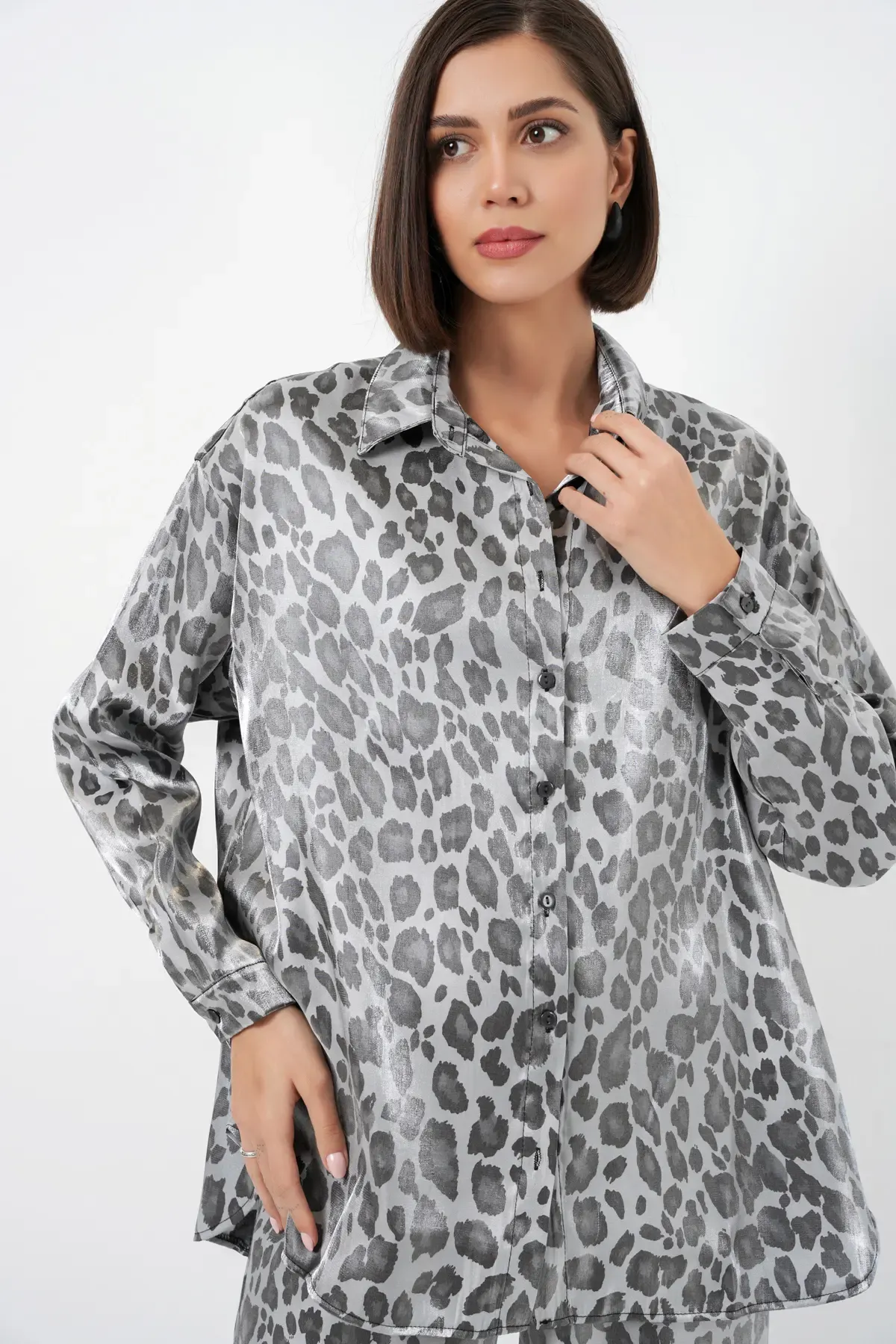 6699 Leopar Desenli Alt Üst Takım - Gri