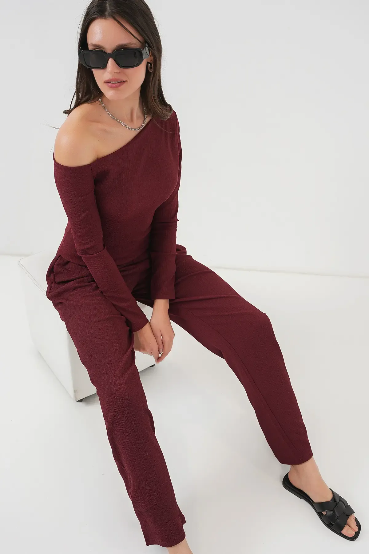 6708 Düşük Omuz Alt Üst Takım - Bordo
