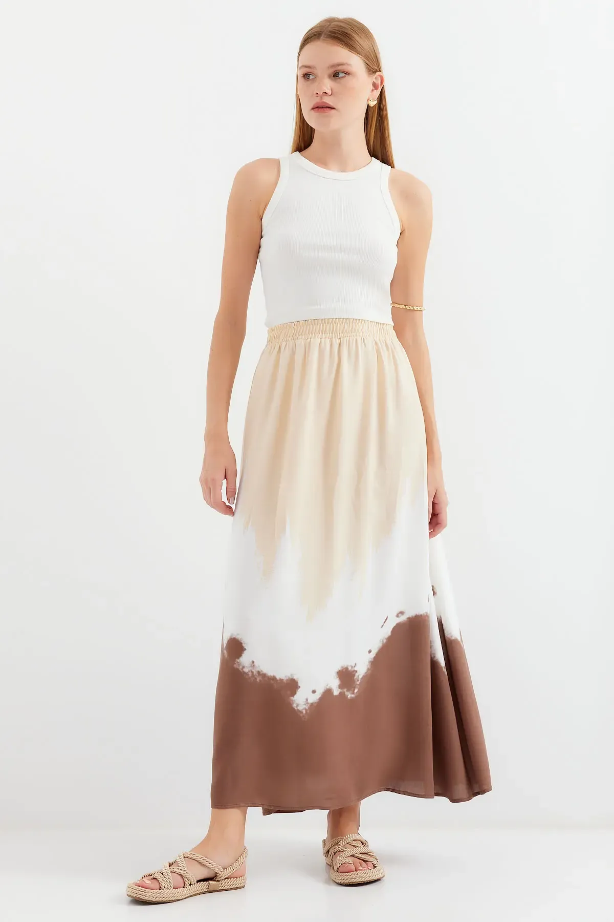 8025 Desenli Uzun Viskon Etek - Bej