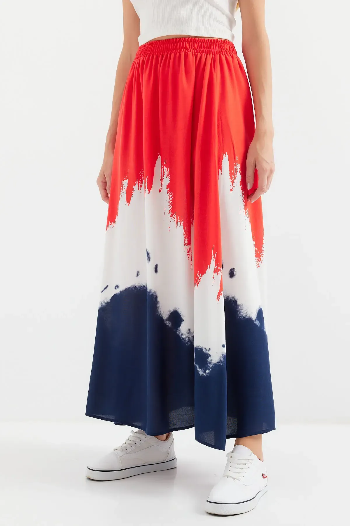 8025 Desenli Uzun Viskon Etek - Kırmızı
