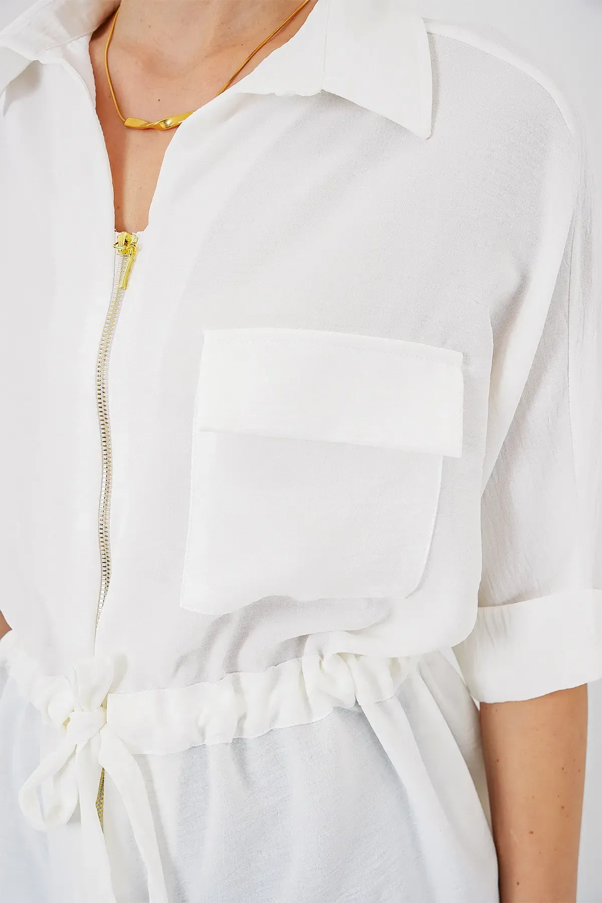 Fermuarlı Kadın Gömlek 0721 - Beyaz