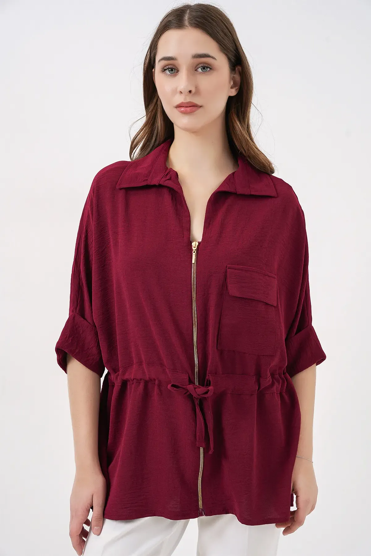 Fermuarlı Kadın Gömlek 0721 - Bordo