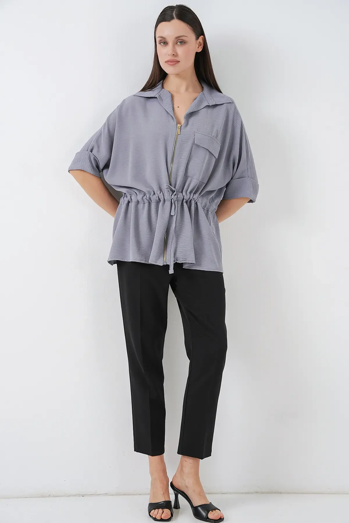 Fermuarlı Kadın Gömlek 0721 - Gri