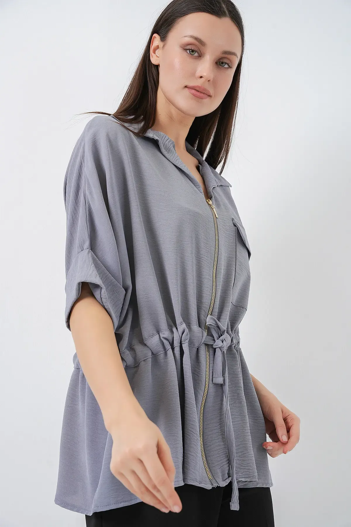 Fermuarlı Kadın Gömlek 0721 - Gri