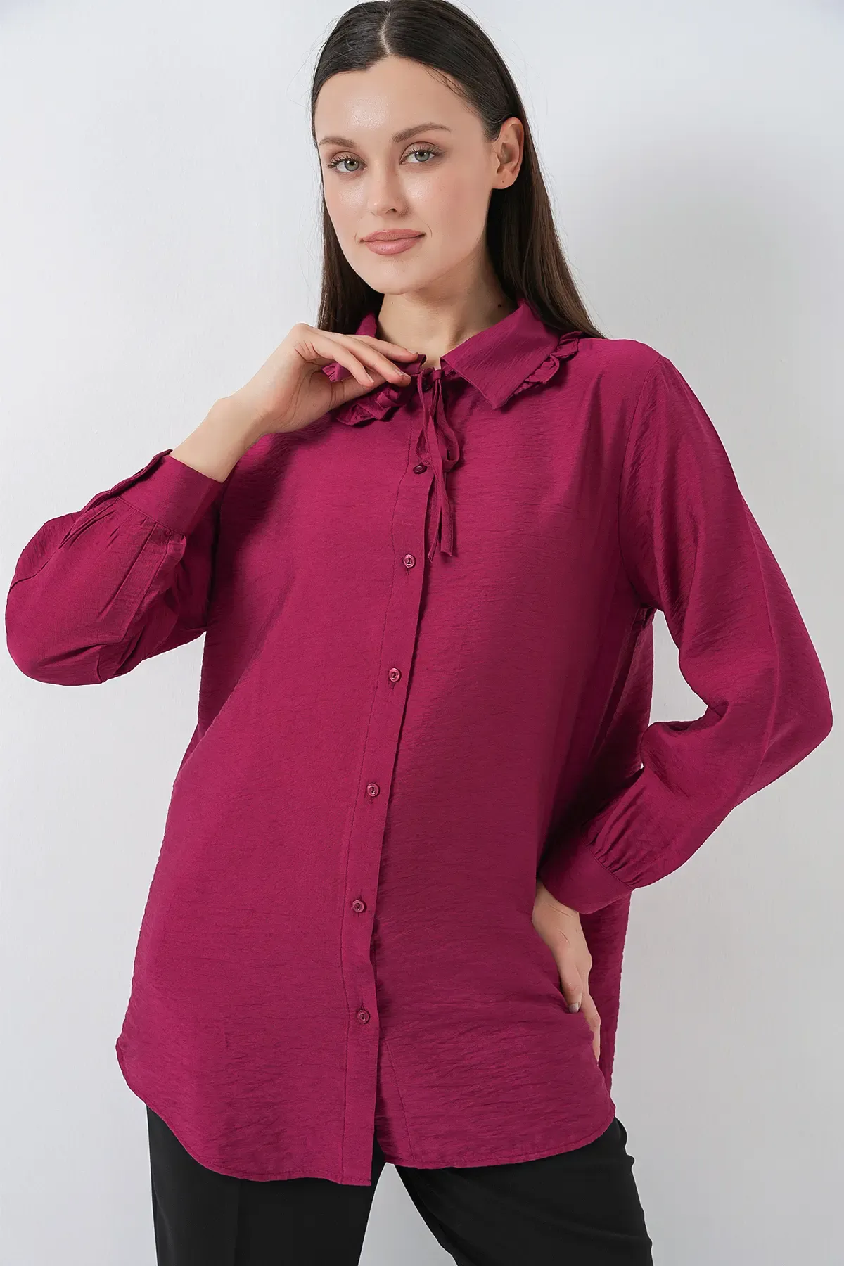 Fırfırlı Uzun Gömlek Tunik 5952 - Bordo