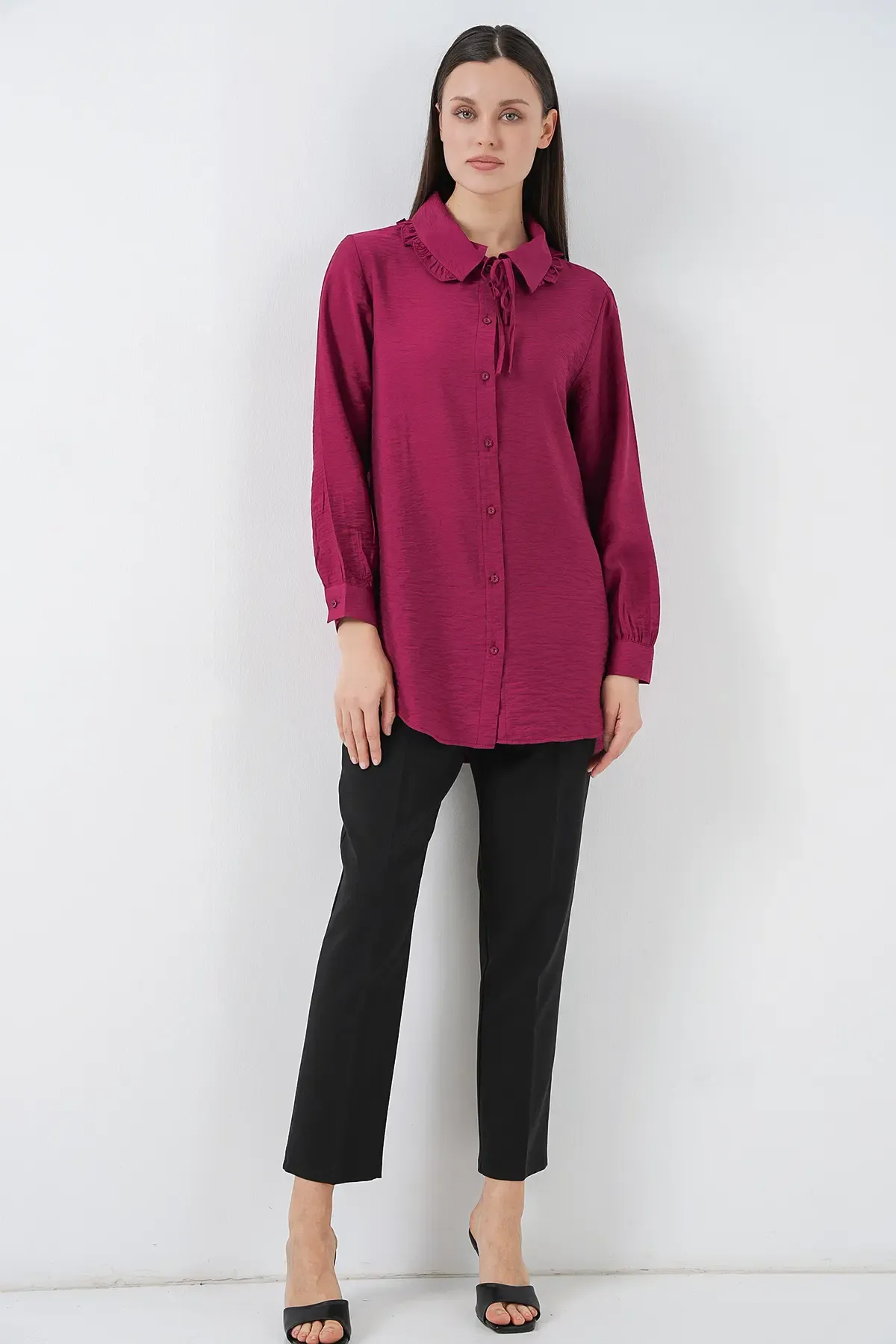 Fırfırlı Uzun Gömlek Tunik 5952 - Bordo