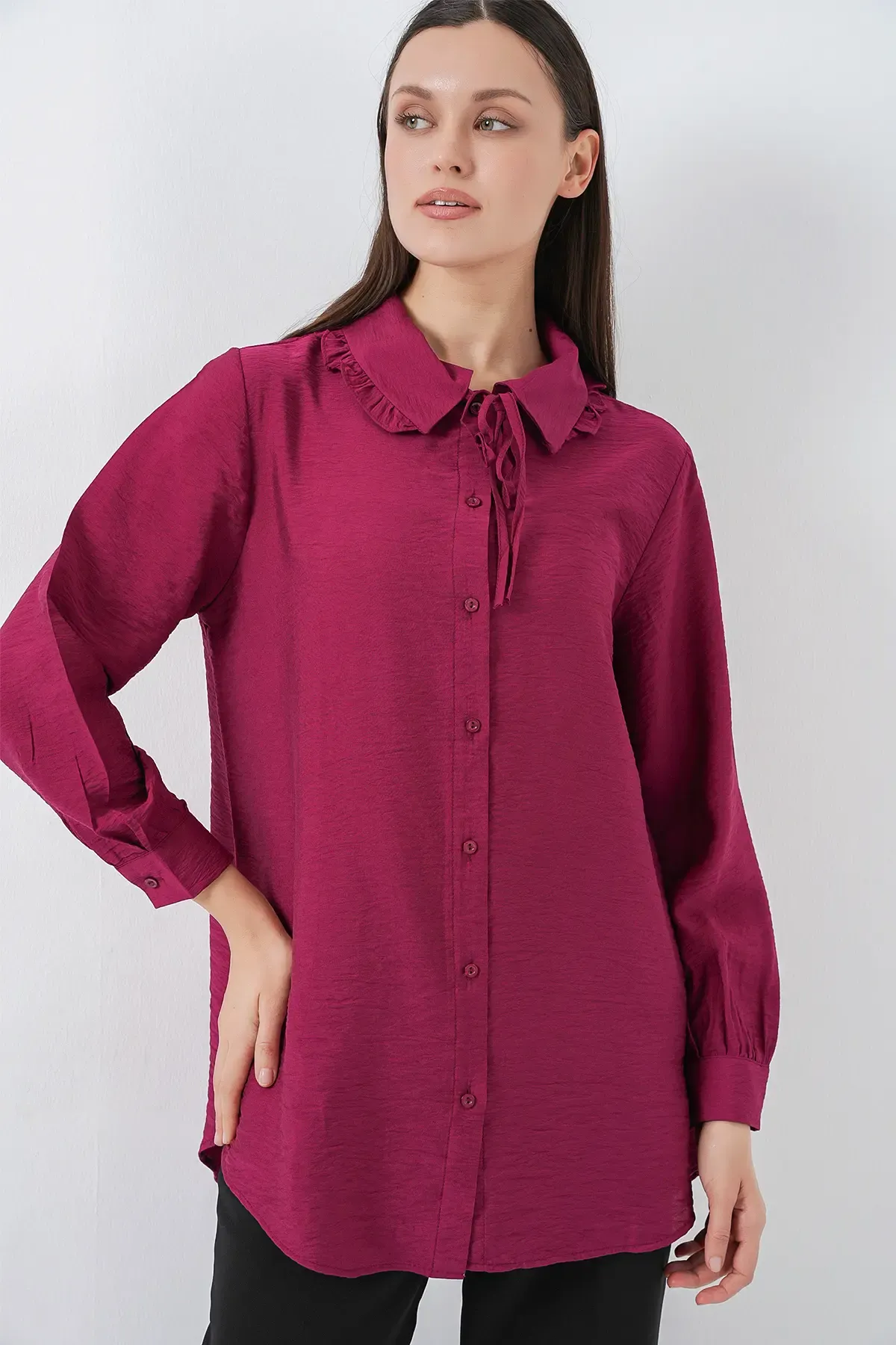 Fırfırlı Uzun Gömlek Tunik 5952 - Bordo