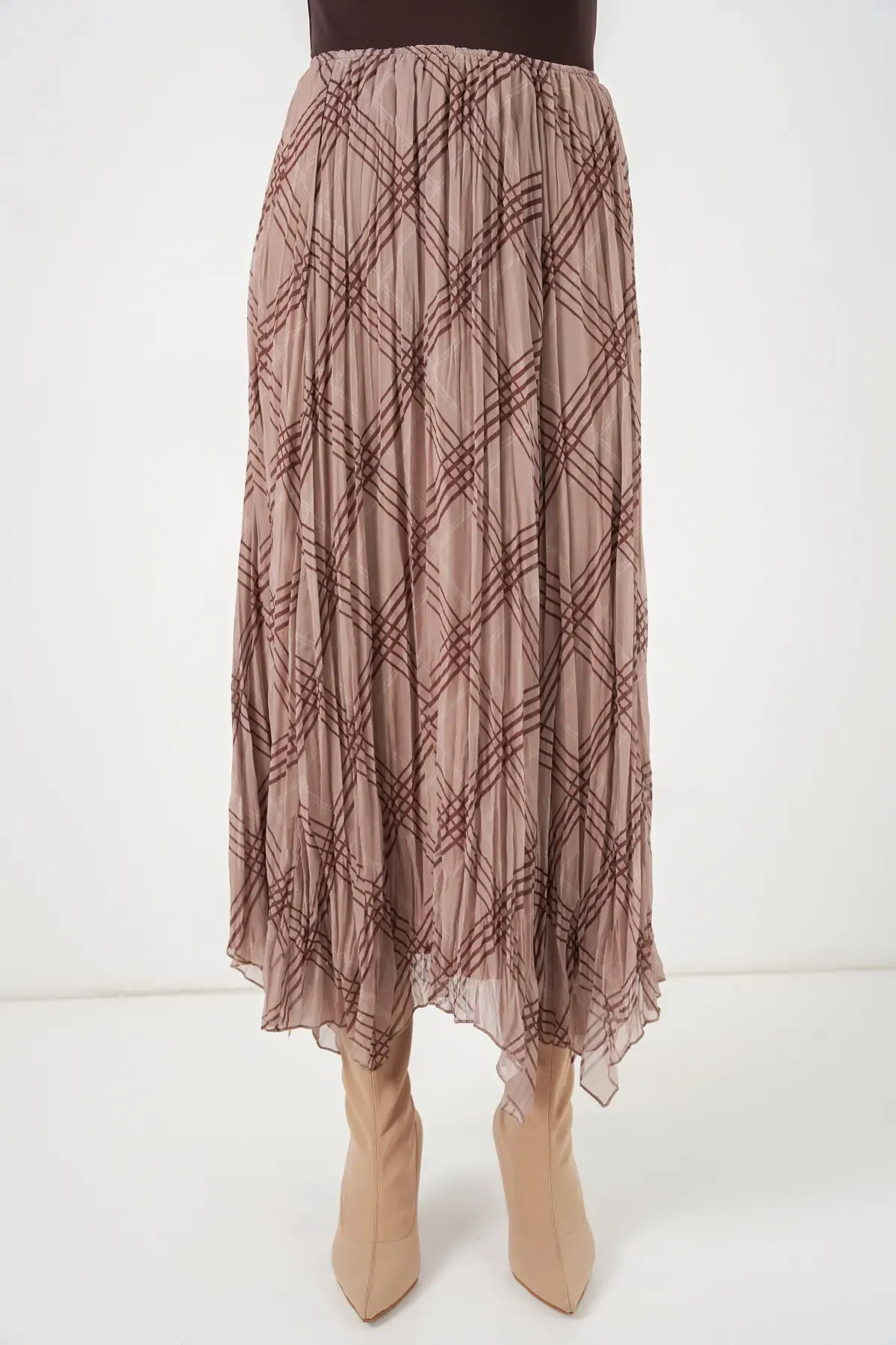 Kadın Asimetrik Kesim Şifon Etek 8056 - Vizon