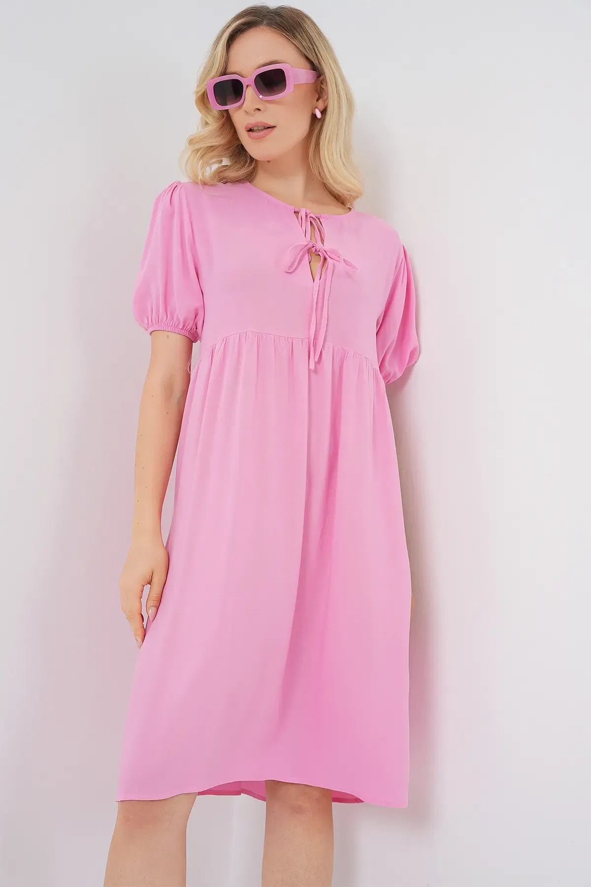 Kadın Bağcıklı Midi Elbise 2575 - Pembe