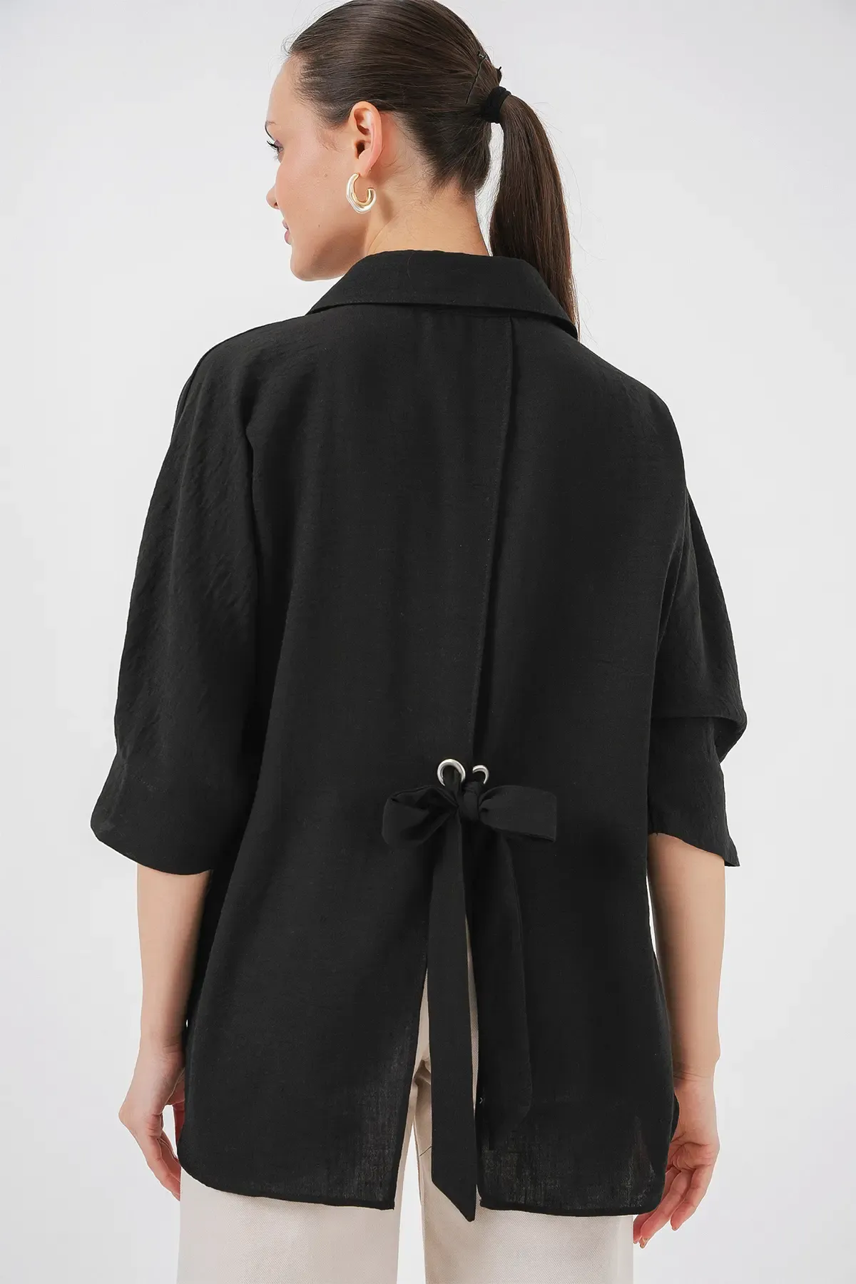 Kadın Bağlama Detaylı Ayrobin Gömlek 20290 - Siyah