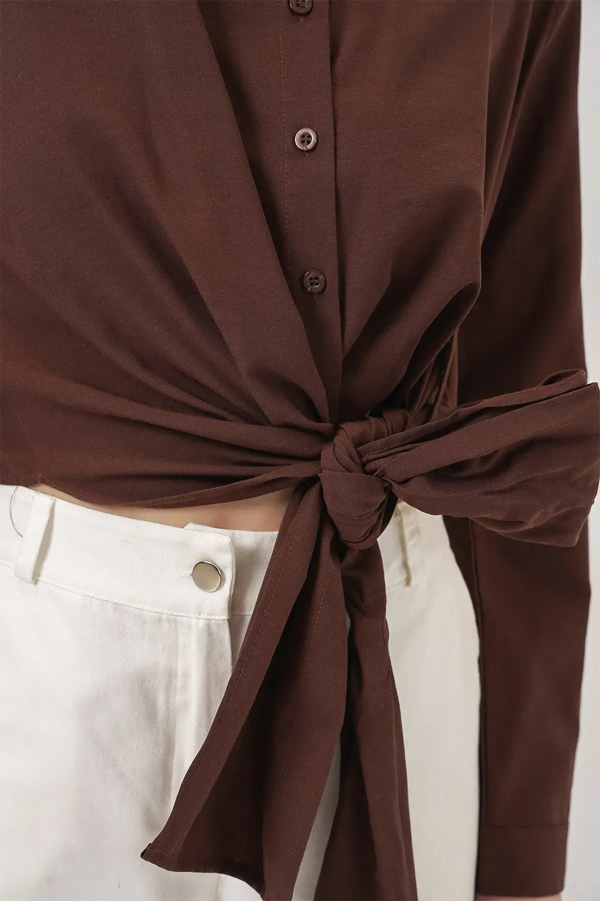 Kadın Bağlamalı Uzun Kol Gömlek 20325 - Kahverengi