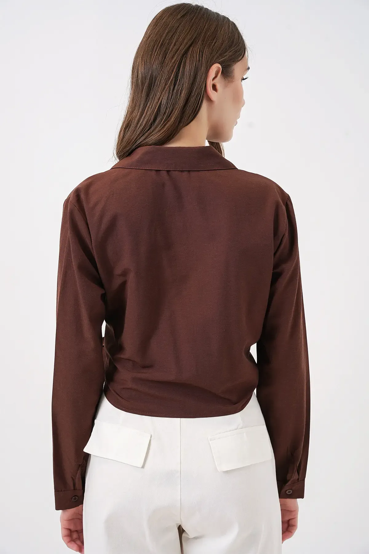 Kadın Bağlamalı Uzun Kol Gömlek 20325 - Kahverengi