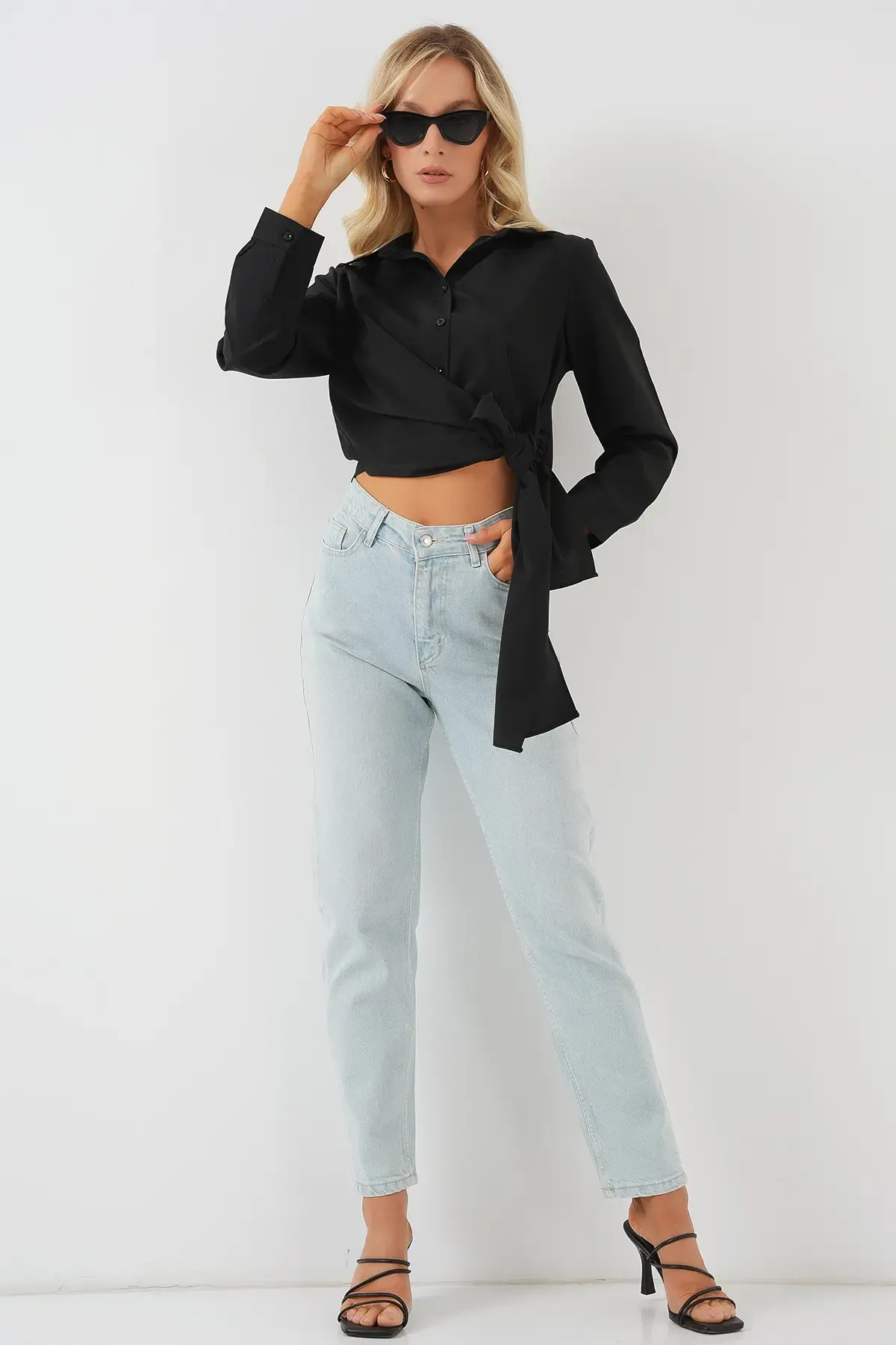 Kadın Bağlamalı Uzun Kol Gömlek 20325 - Siyah