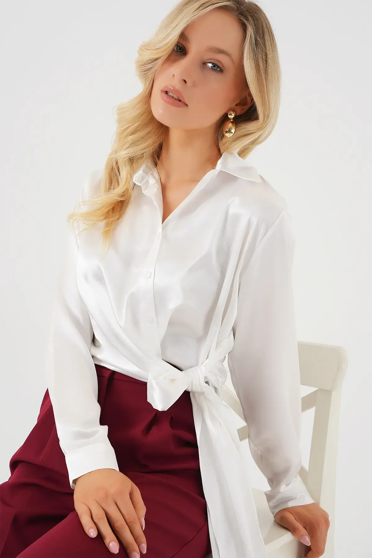Kadın Bağlamalı Uzun Kol Saten Gömlek 20287 - Beyaz