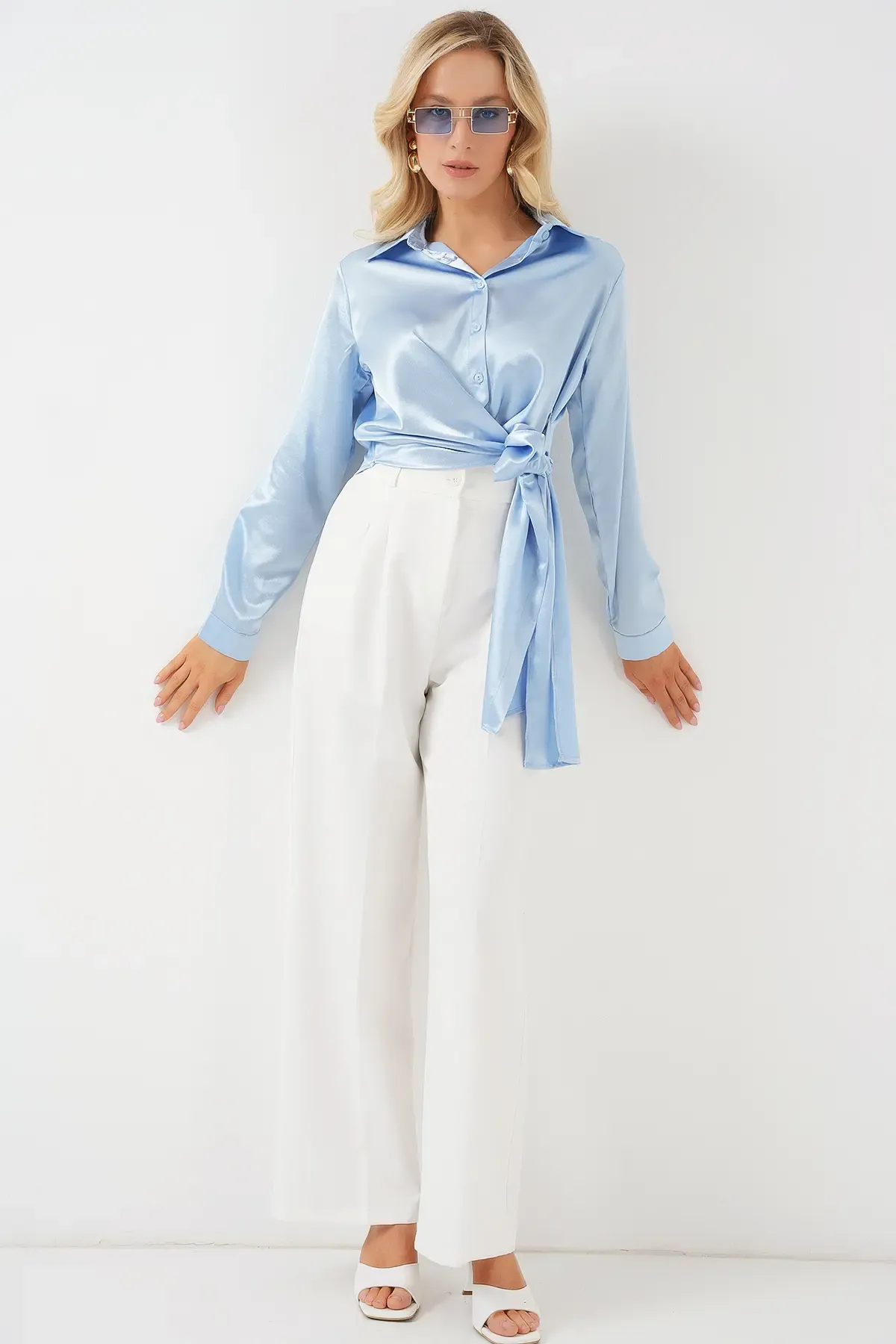 Kadın Bağlamalı Uzun Kol Saten Gömlek 20287 - Mavi