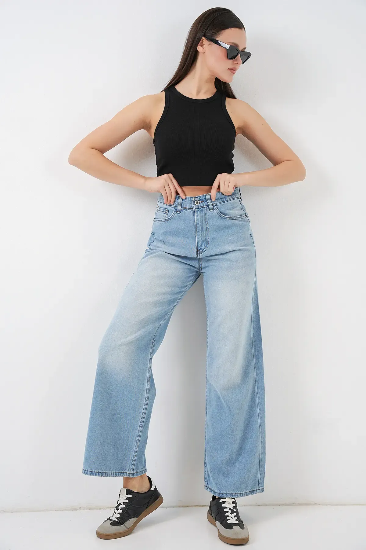 Kadın Bol Paça Yüksek Bel Palazzo Kot Pantolon 6656 - Açık Mavi