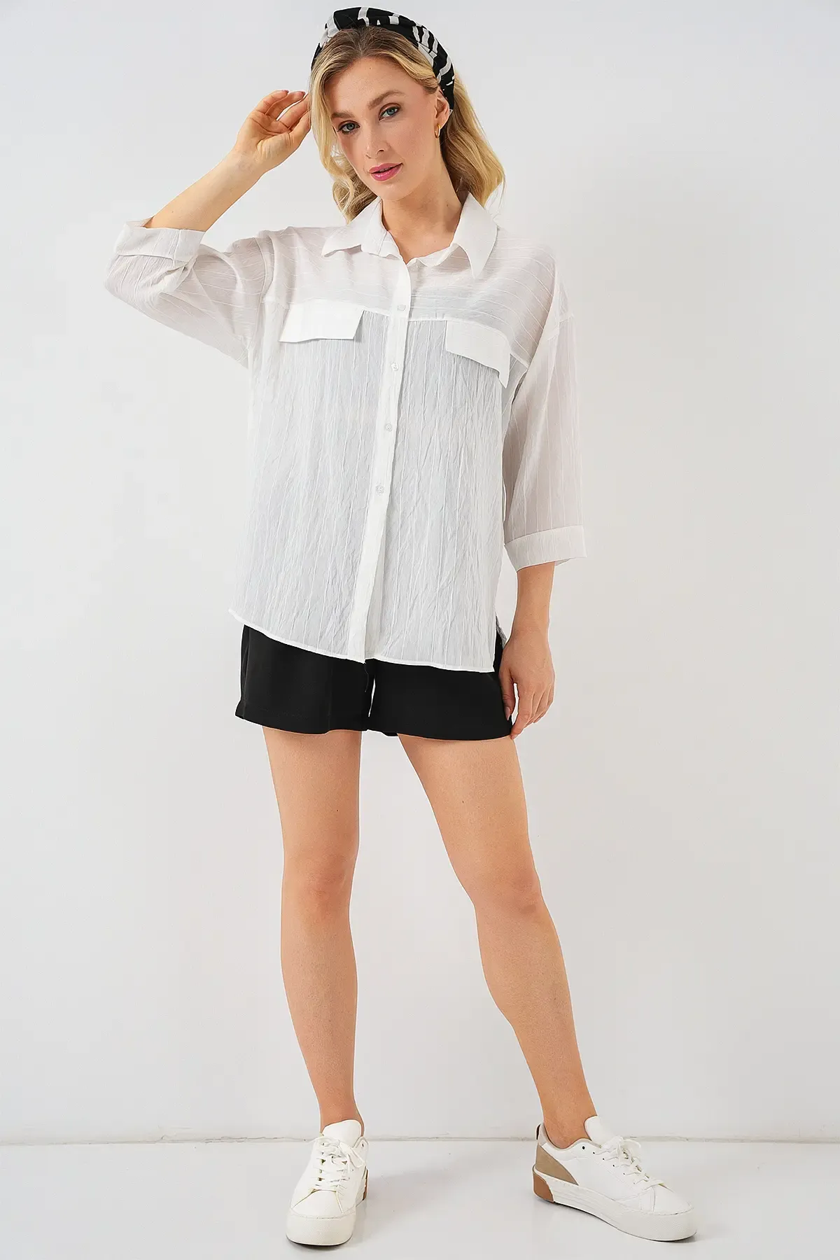 Kadın Cep Detaylı Kısa Kol Gömlek 20317 - Beyaz