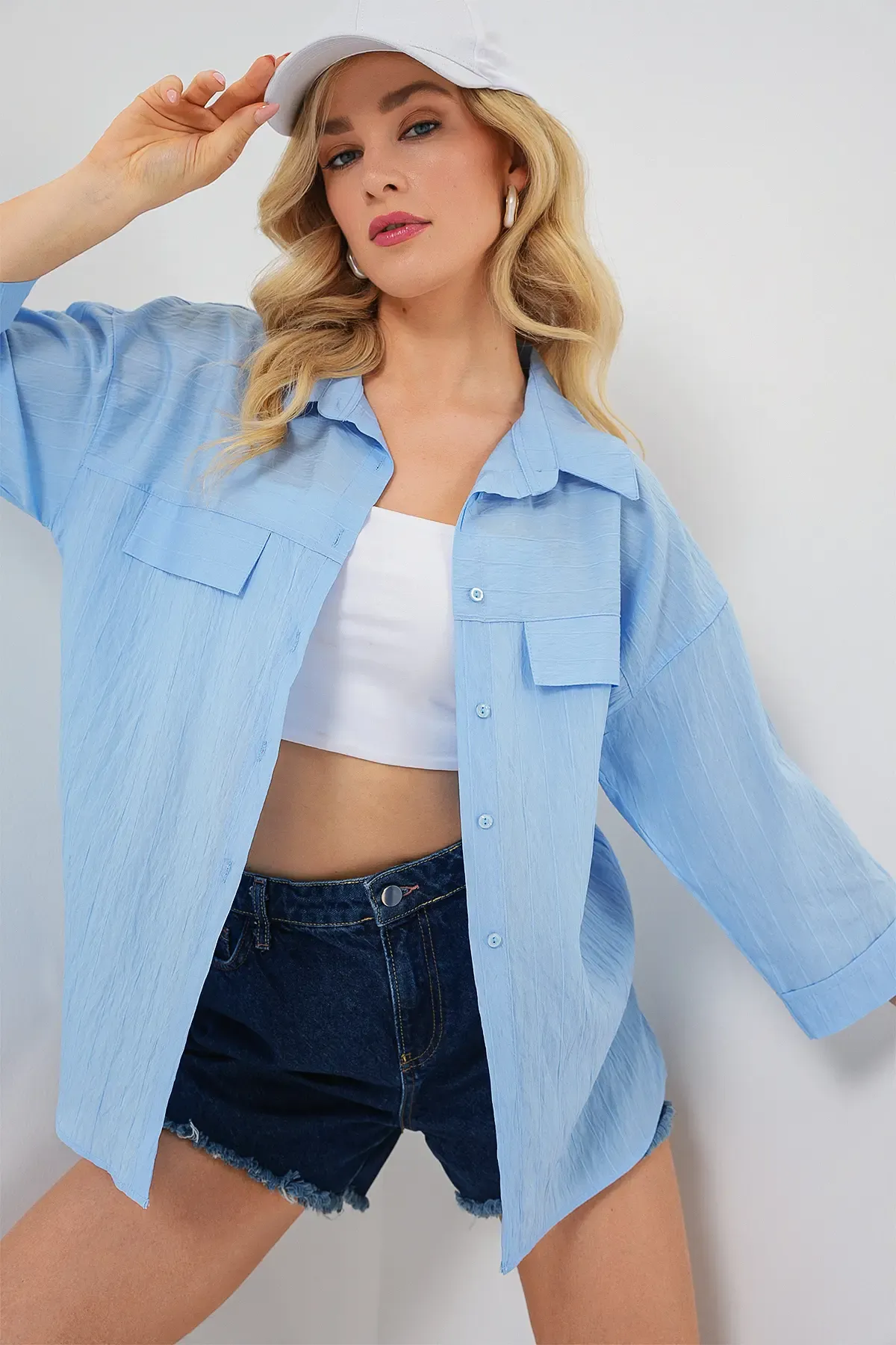 Kadın Cep Detaylı Kısa Kol Gömlek 20317 - Mavi