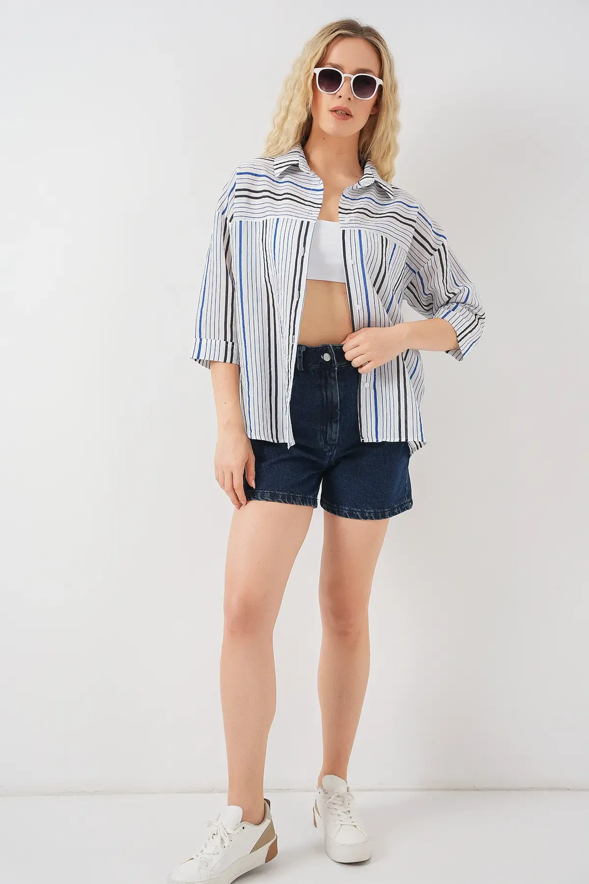 Kadın Çizgili Kısa Kol Gömlek 20344 - Lacivert