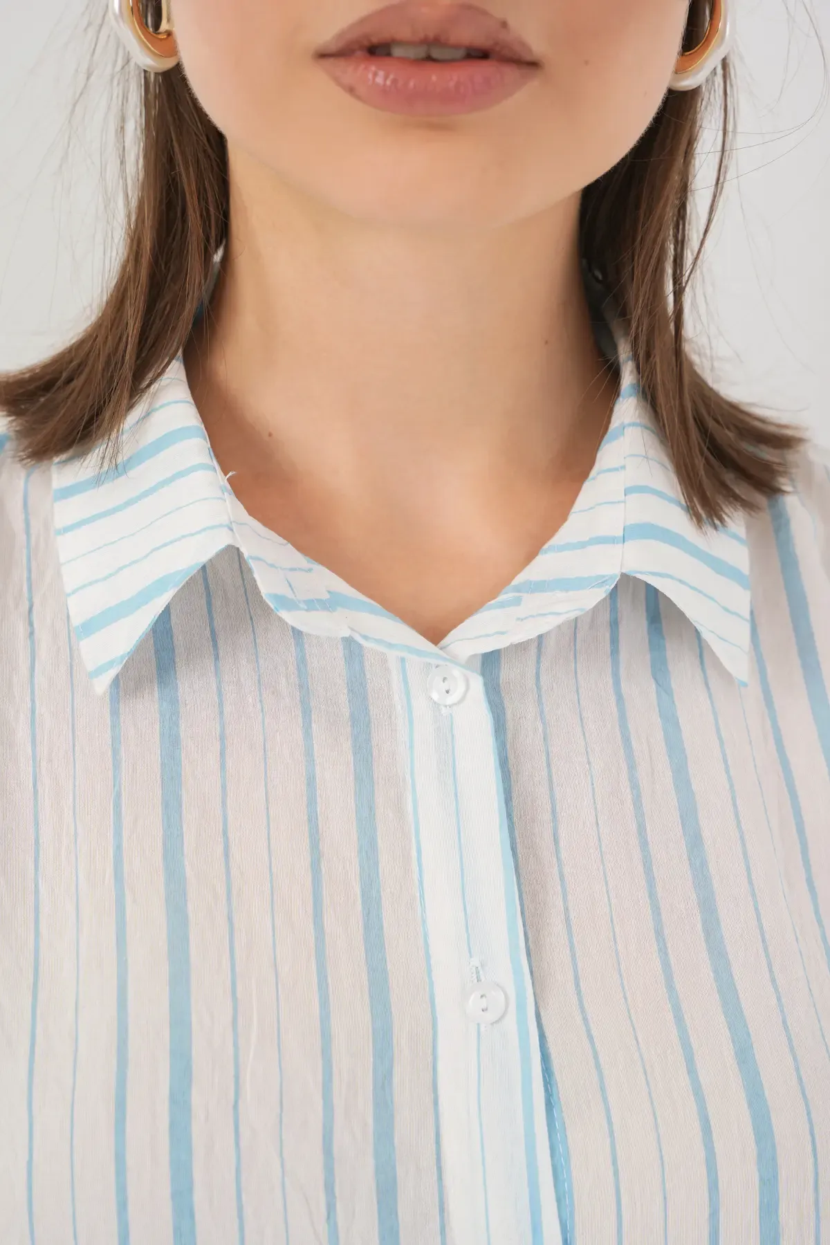 Kadın Çizgili Kısa Kol Gömlek 20345 - A.Mavi