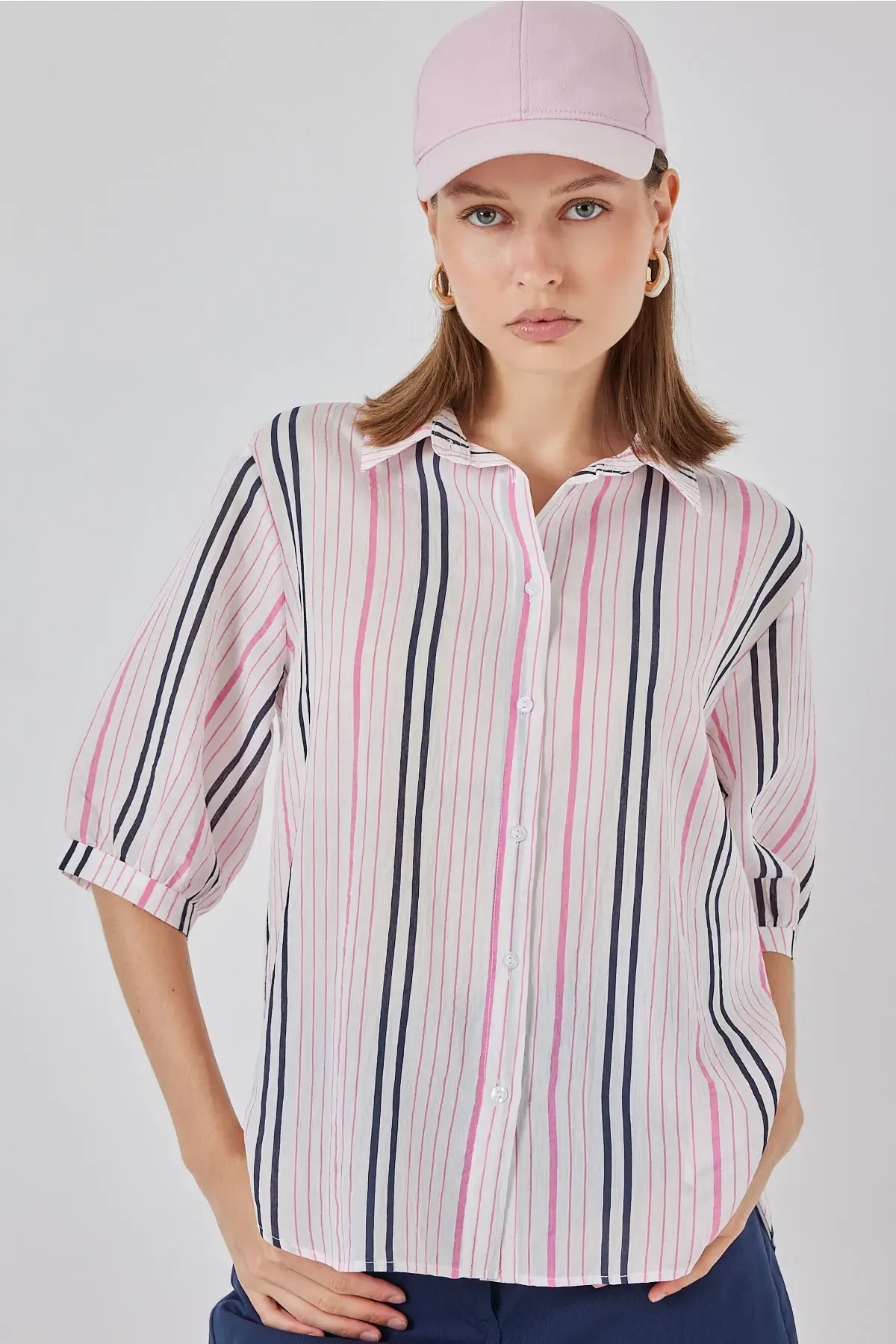 Kadın Çizgili Kısa Kol Gömlek 20345 - Pembe