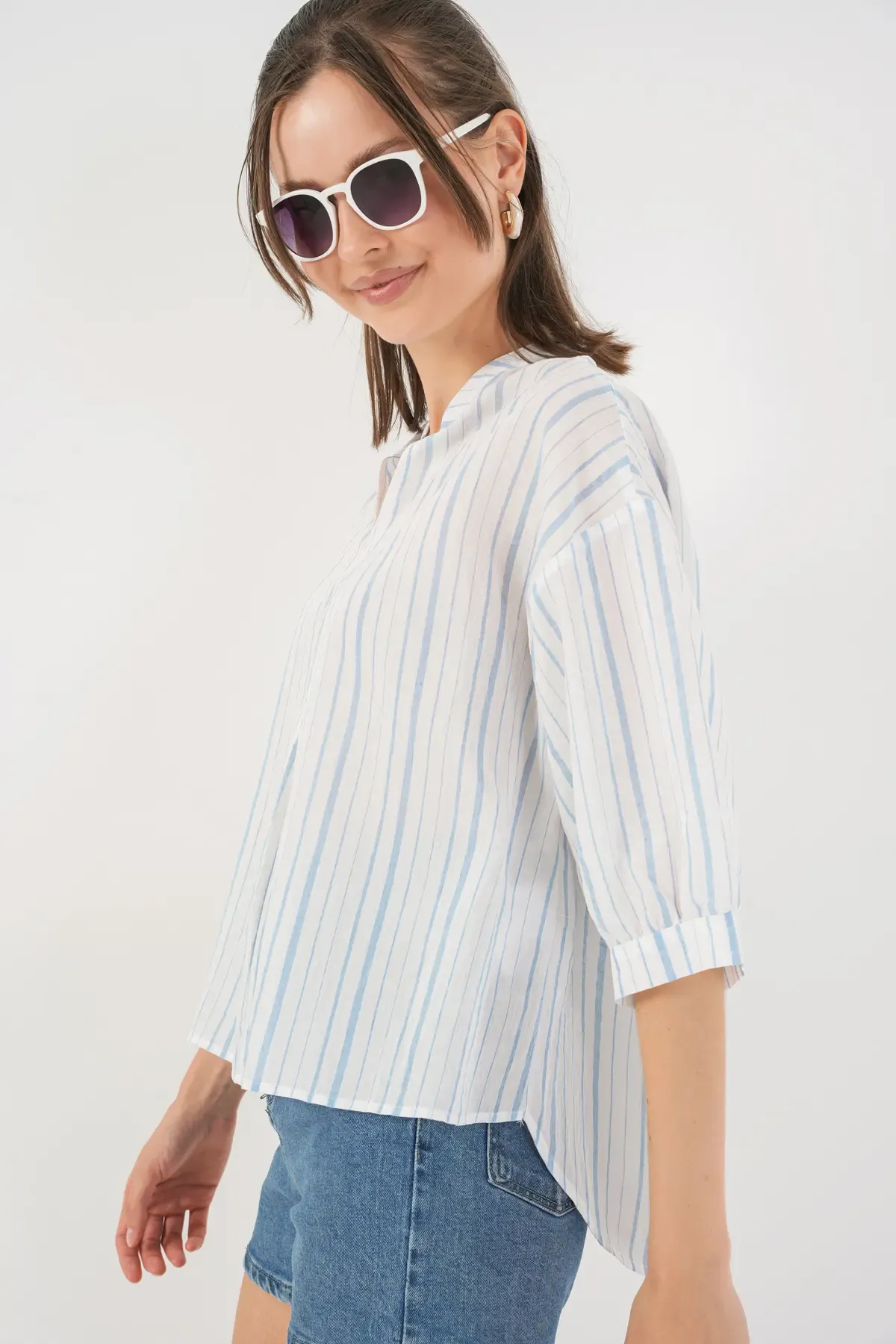 Kadın Çizgili Oversize Bluz 967 - A.Mavi