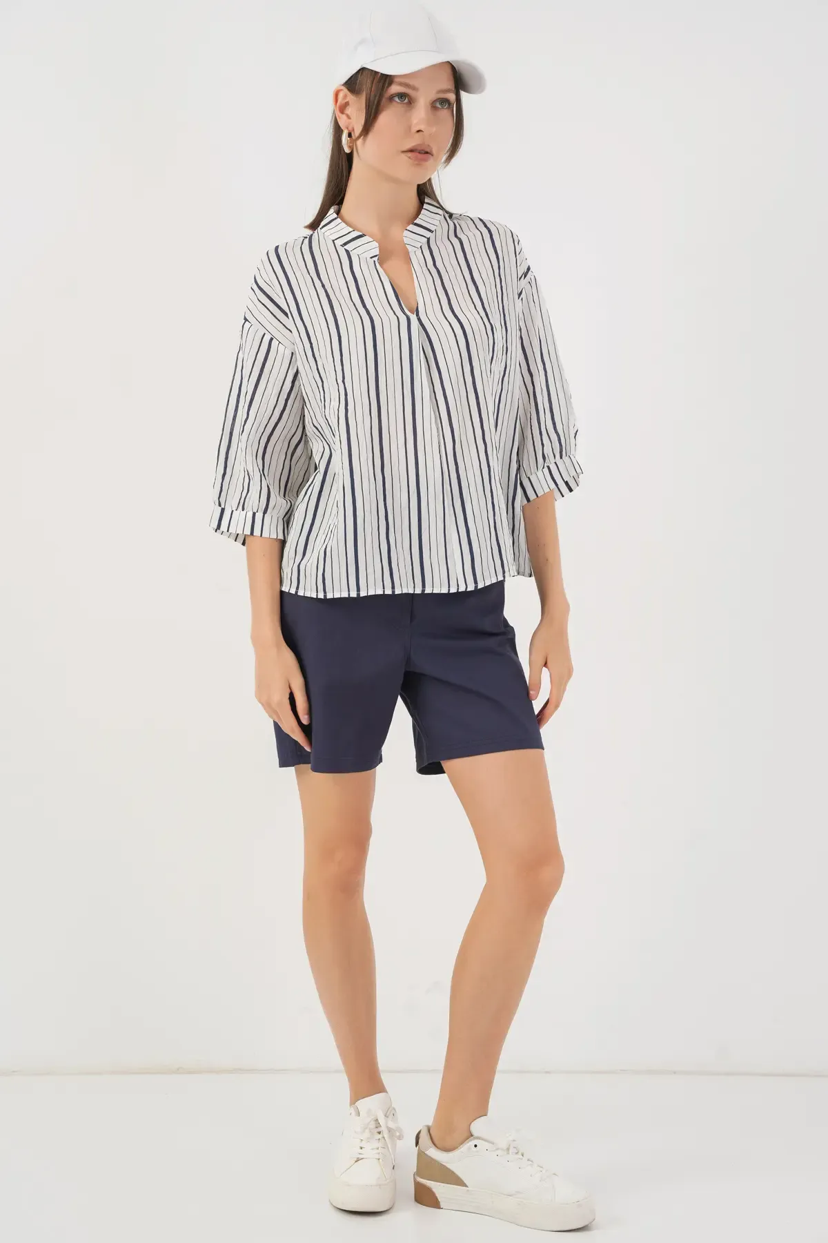 Kadın Çizgili Oversize Bluz 967 - F.Lacivert