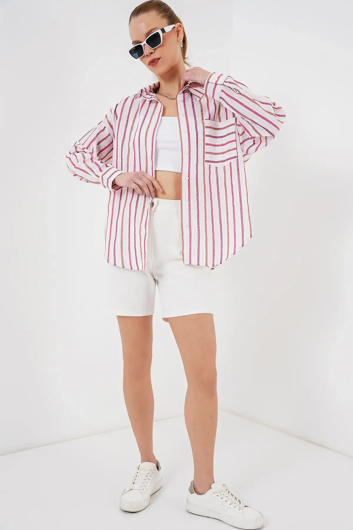 Kadın Çizgili Oversize Gömlek 20278 - Kırmızı