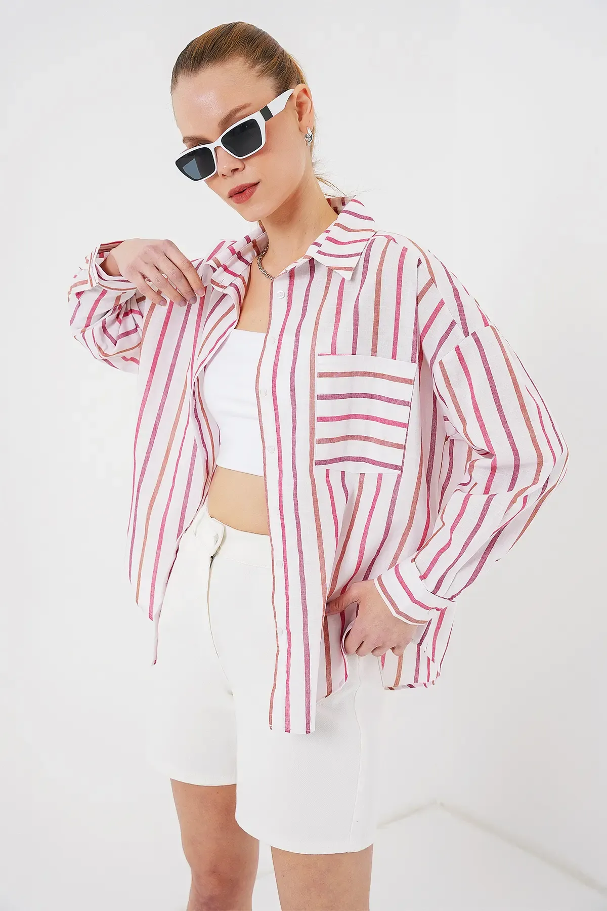 Kadın Çizgili Oversize Gömlek 20278 - Kırmızı