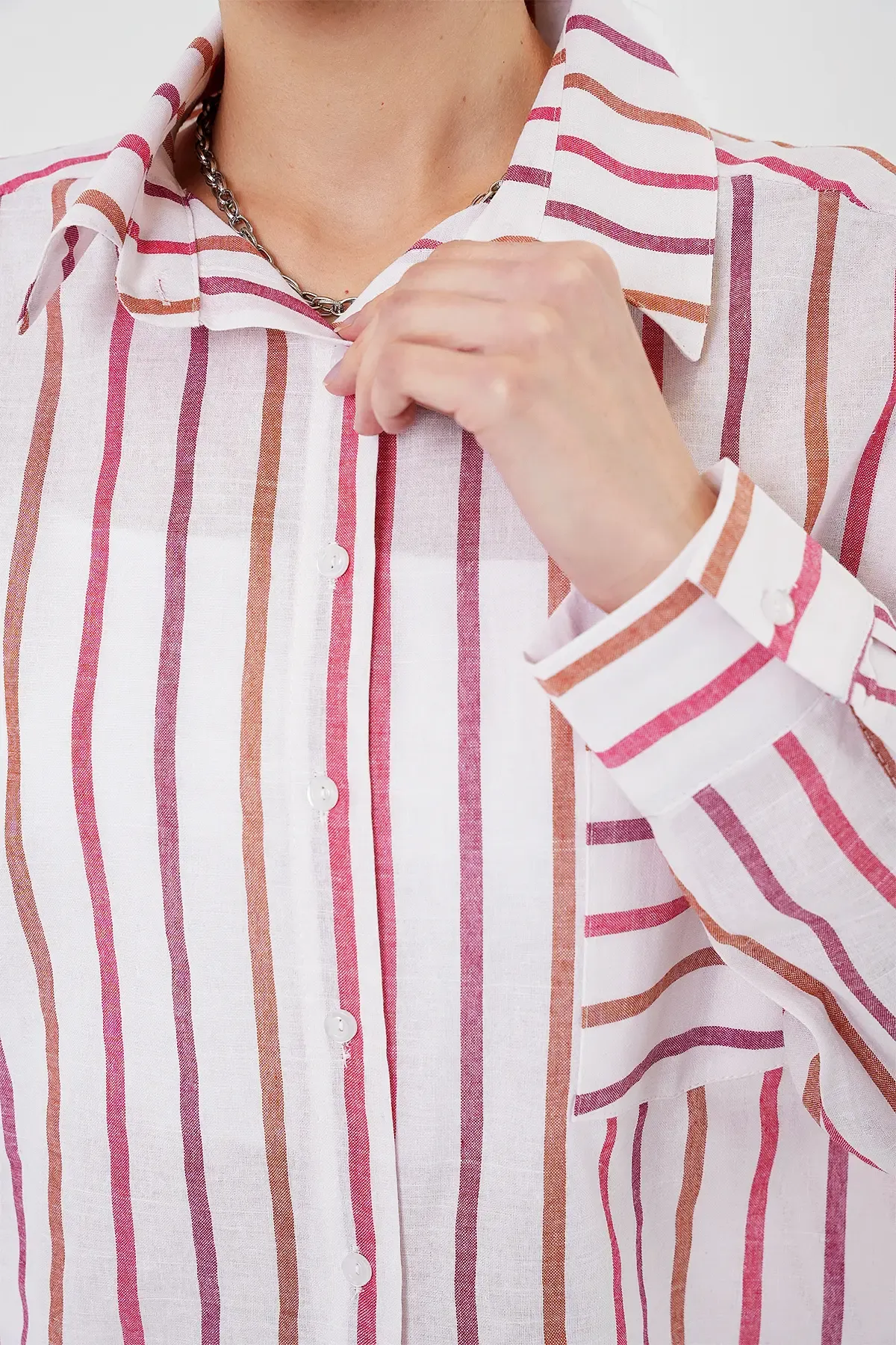 Kadın Çizgili Oversize Gömlek 20278 - Kırmızı