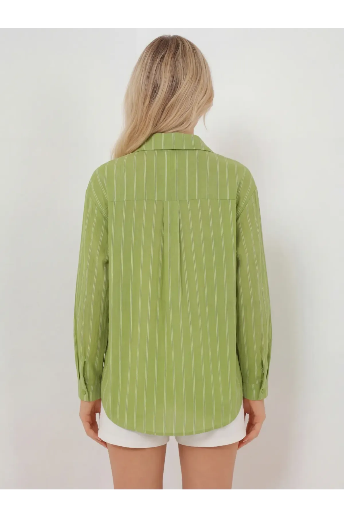 Kadın Çizgili Oversize Gömlek 20293 - E.Yeşil