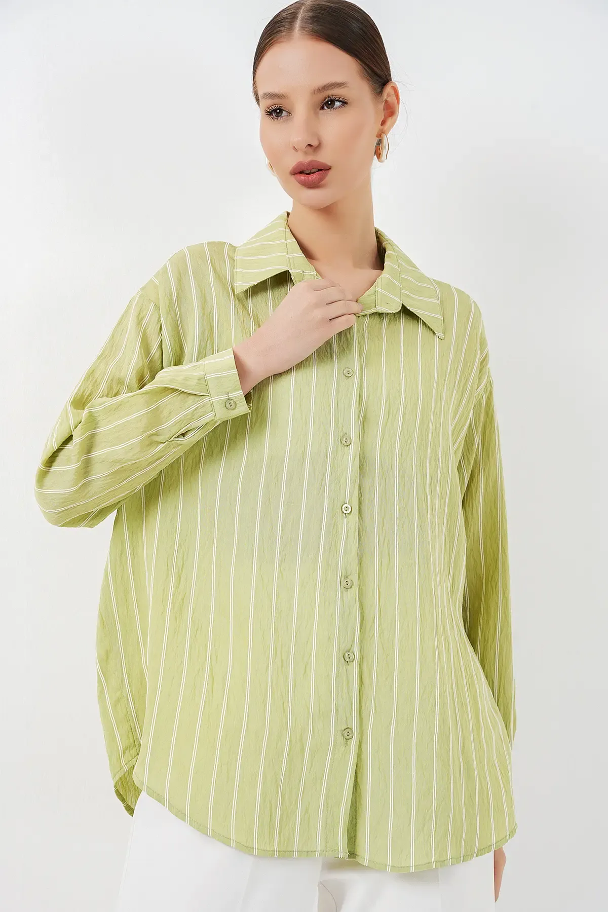 Kadın Çizgili Oversize Gömlek 20293 - E.Yeşil