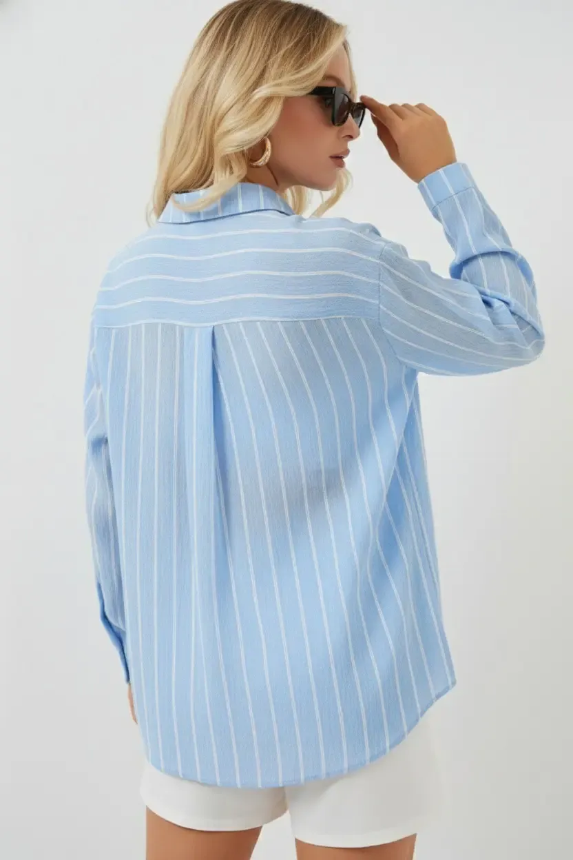 Kadın Çizgili Oversize Gömlek 20293 - Mavi