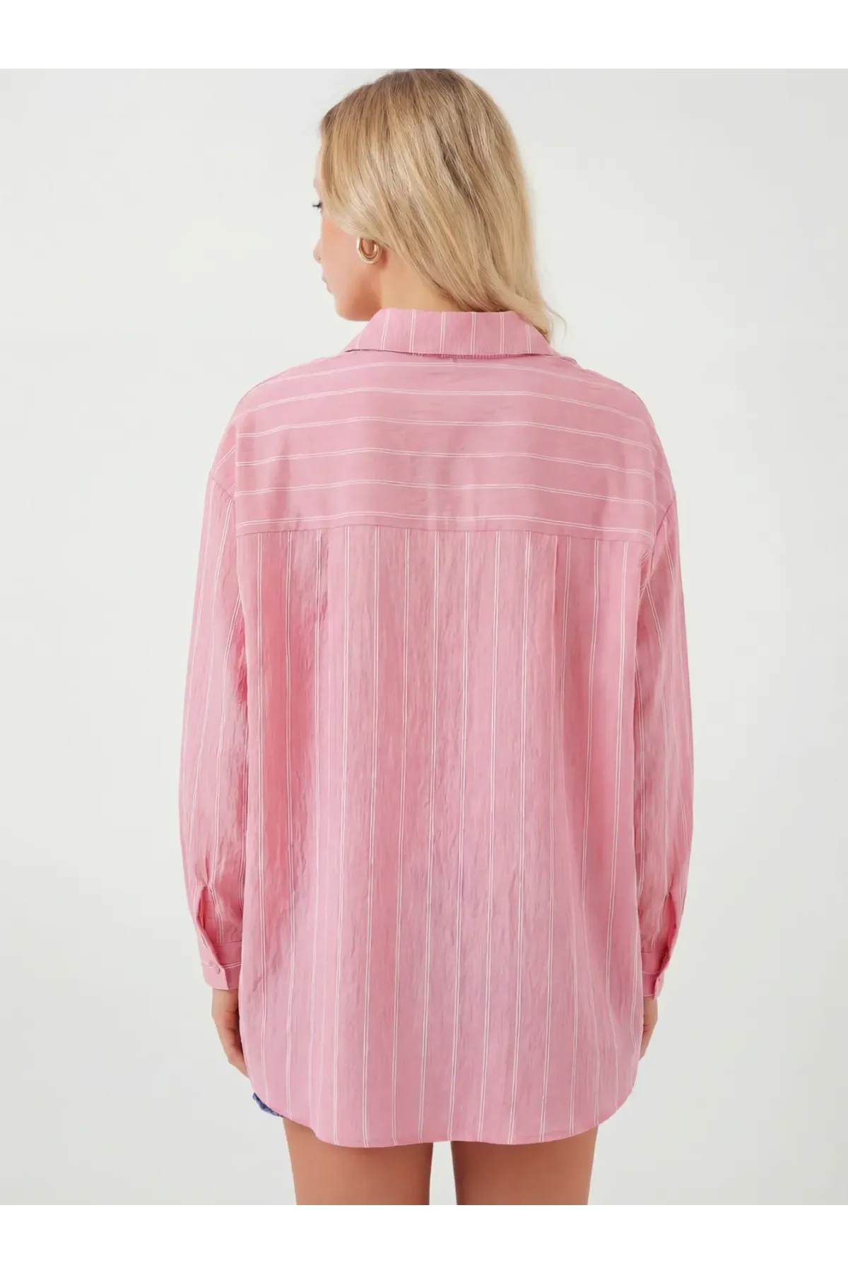 Kadın Çizgili Oversize Gömlek 20293 - Pembe
