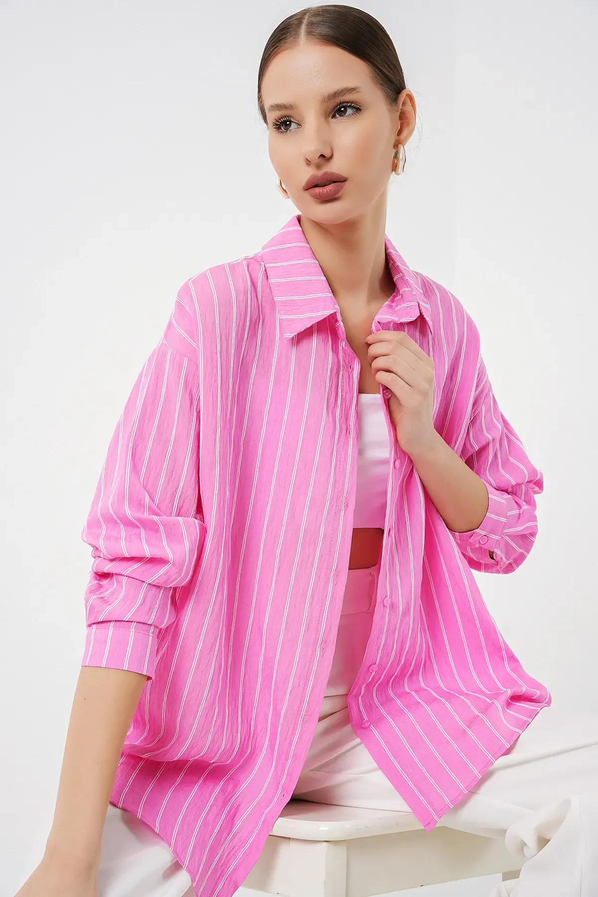 Kadın Çizgili Oversize Gömlek 20293 - Pembe