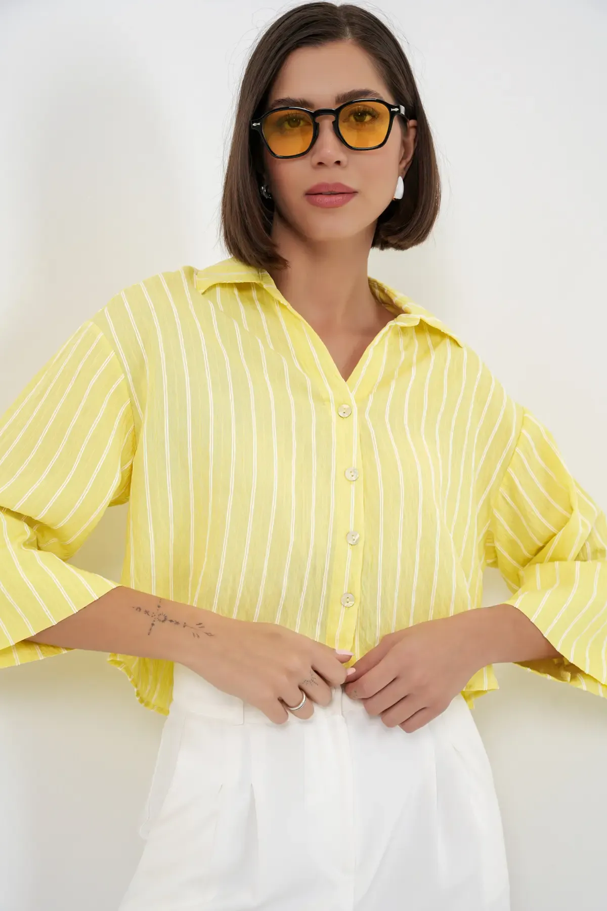 Kadın Çizgili Oversize Kısa Gömlek 20326 - Sarı