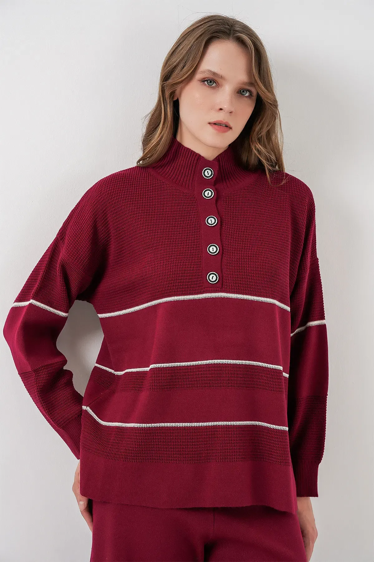 Kadın Çizgili Oversize Triko İkili Takım 15957 - Bordo