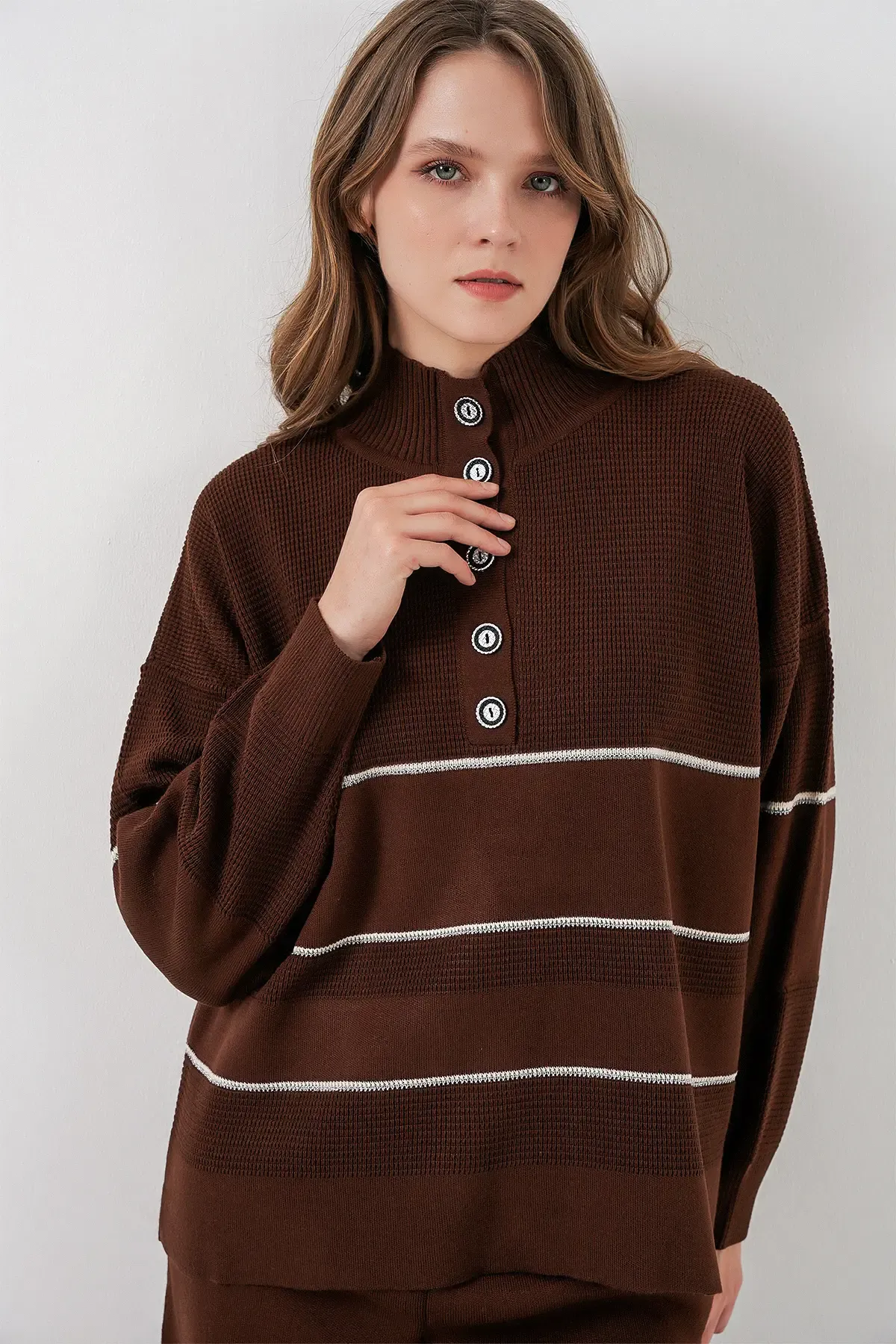 Kadın Çizgili Oversize Triko İkili Takım 15957 - Kahverengi