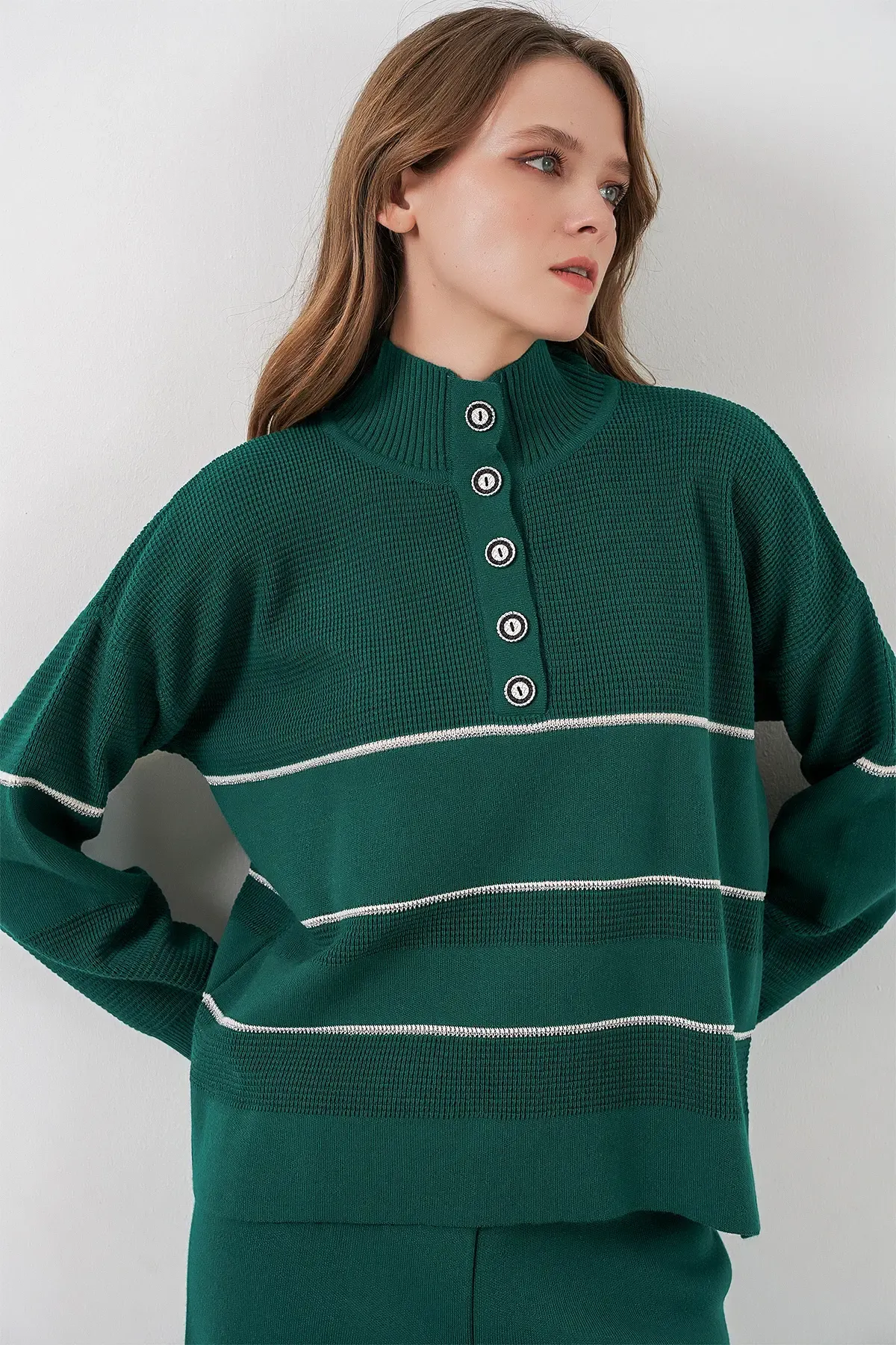Kadın Çizgili Oversize Triko İkili Takım 15957 - Zümrüt Yeşili