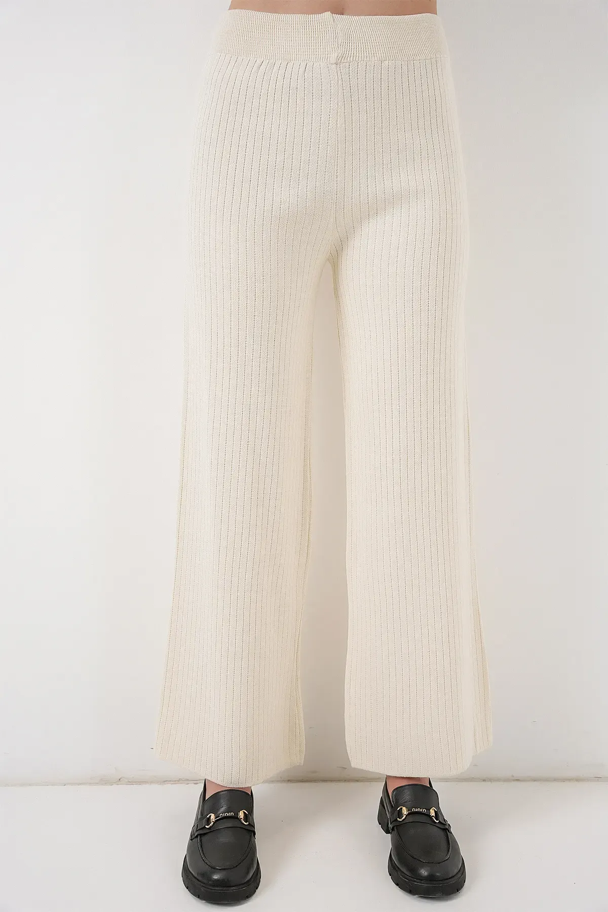 Kadın Çizgili Oversize Triko İkili Takım 15959 - Ekru