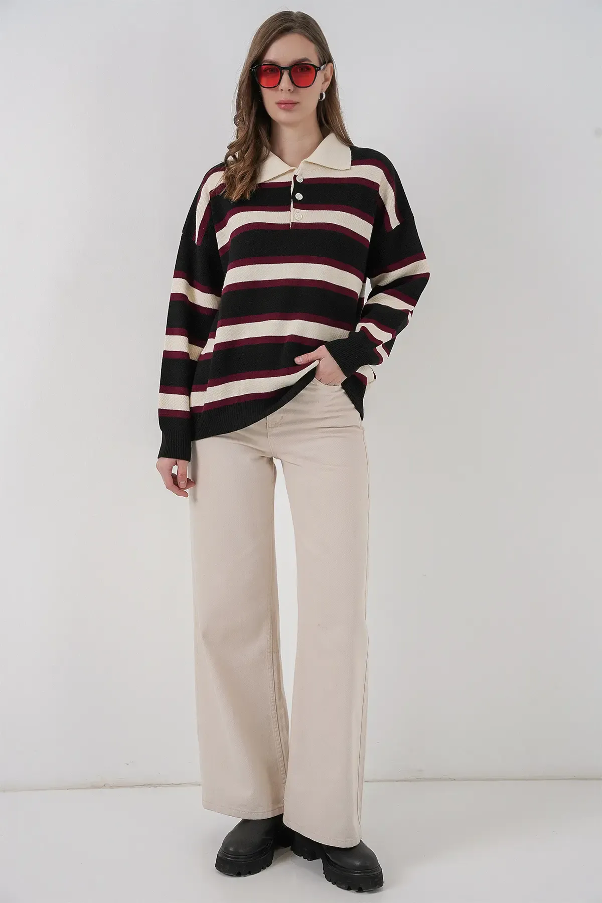 Kadın Çizgili Polo Yaka Triko Kazak 15952 - Siyah