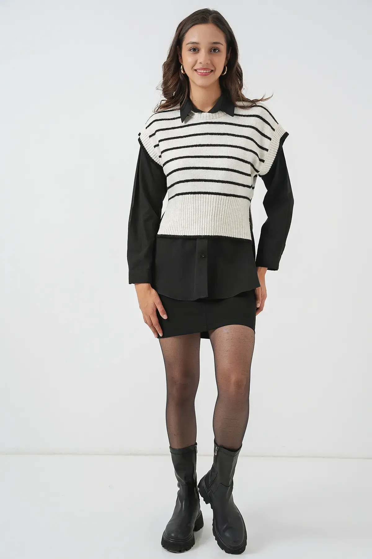 Kadın Çizgili Triko Süveter 15926 - Ekru