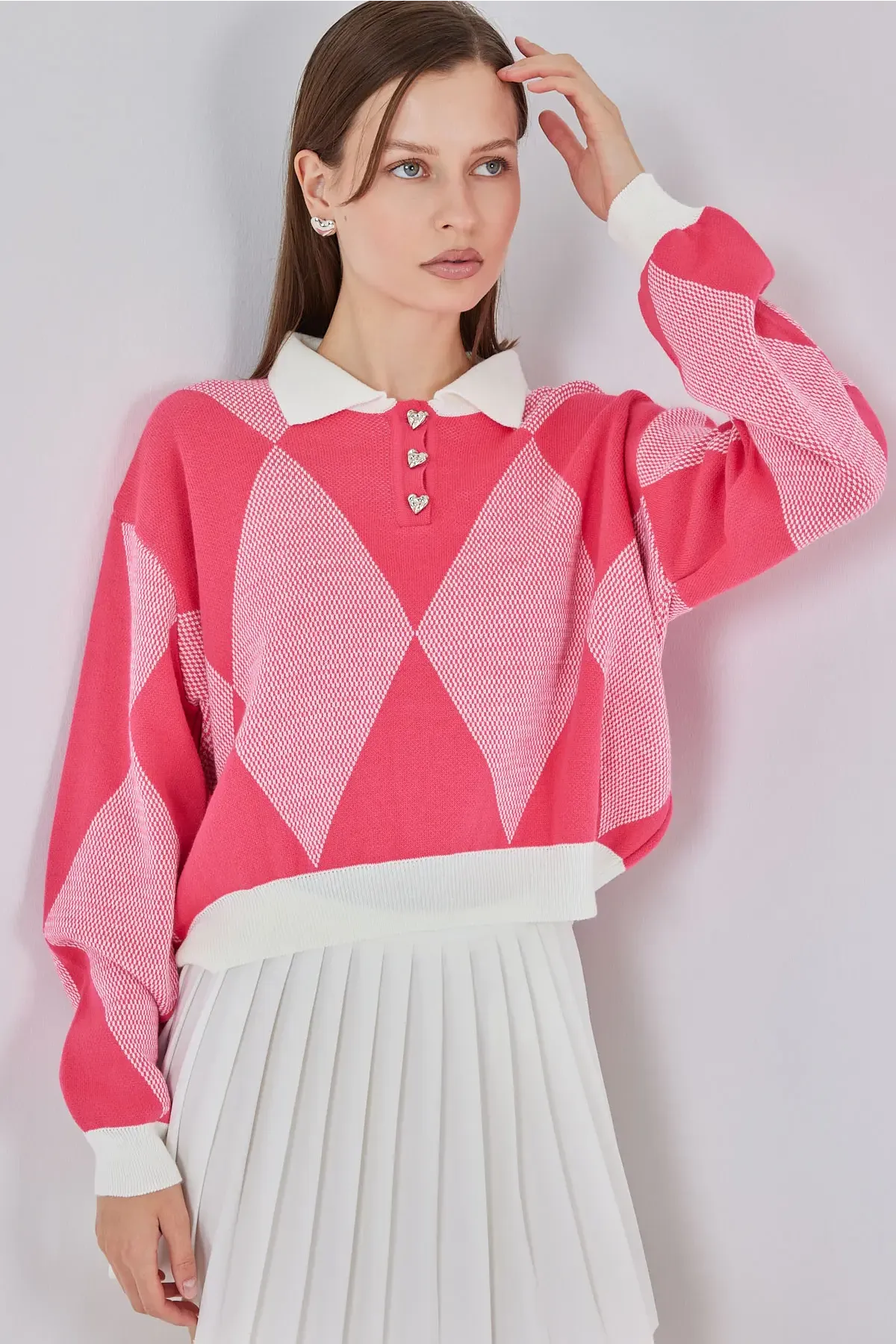 Kadın Crop Triko Kazak 15936 - C. Pembe