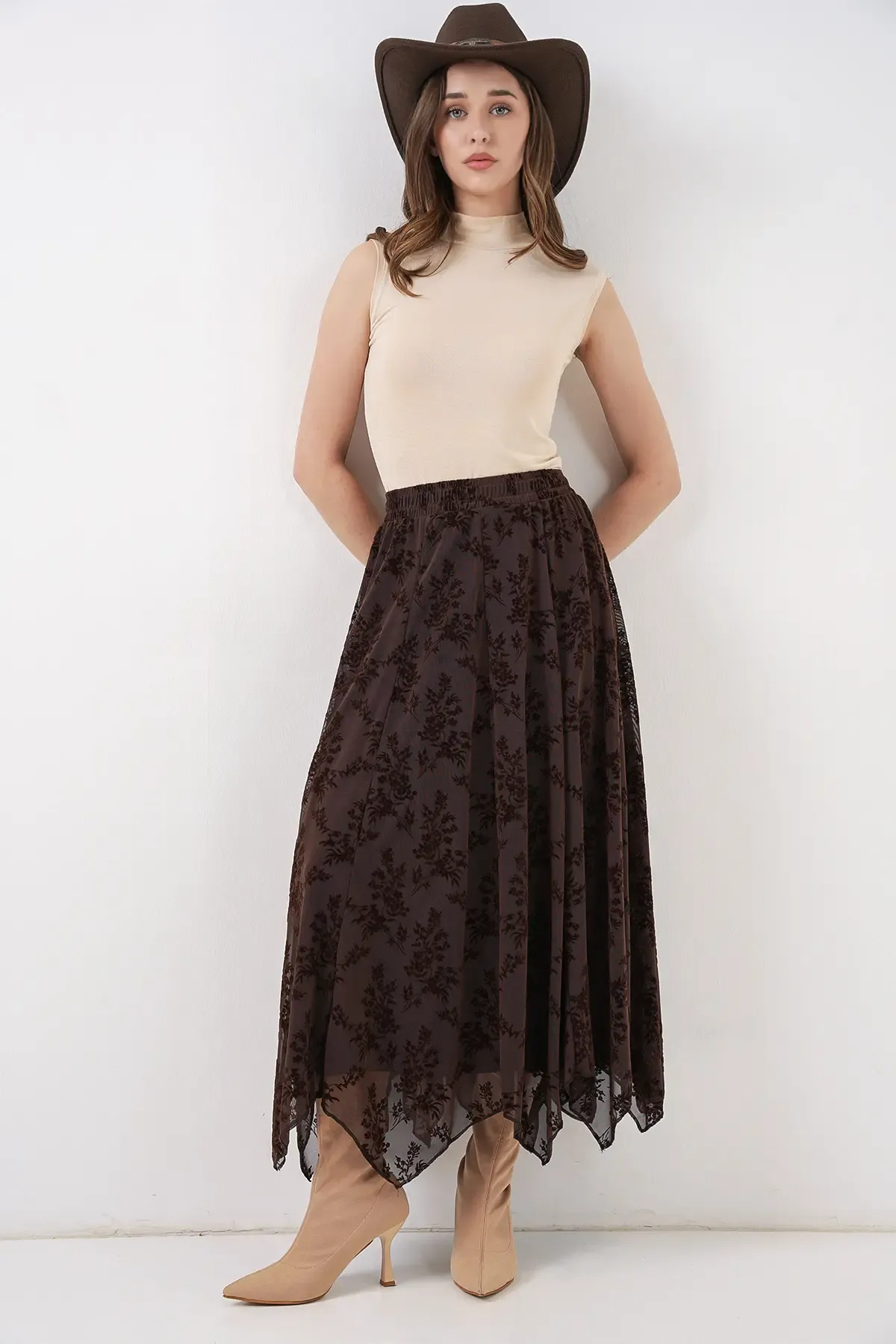 Kadın Desenli Astarlı Etek 8059 - Kahverengi