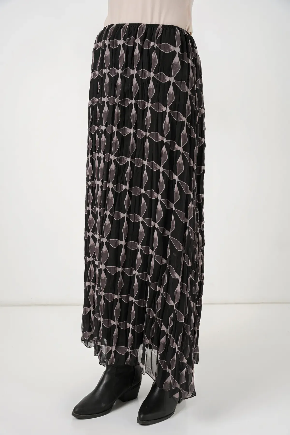 Kadın Desenli Astarlı Şifon Etek 8058 - Siyah